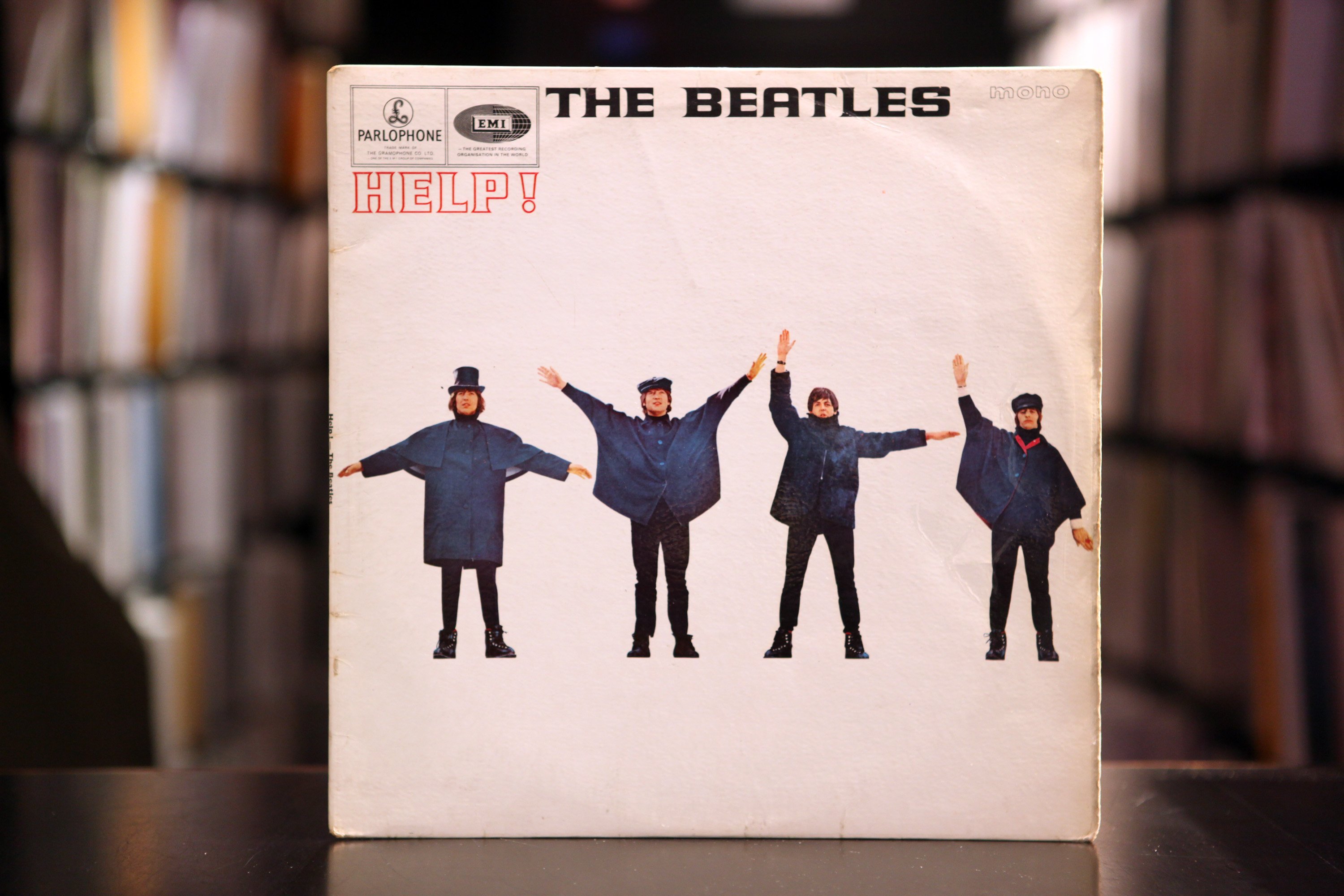 A copy of The Beatles' Help! standing upright