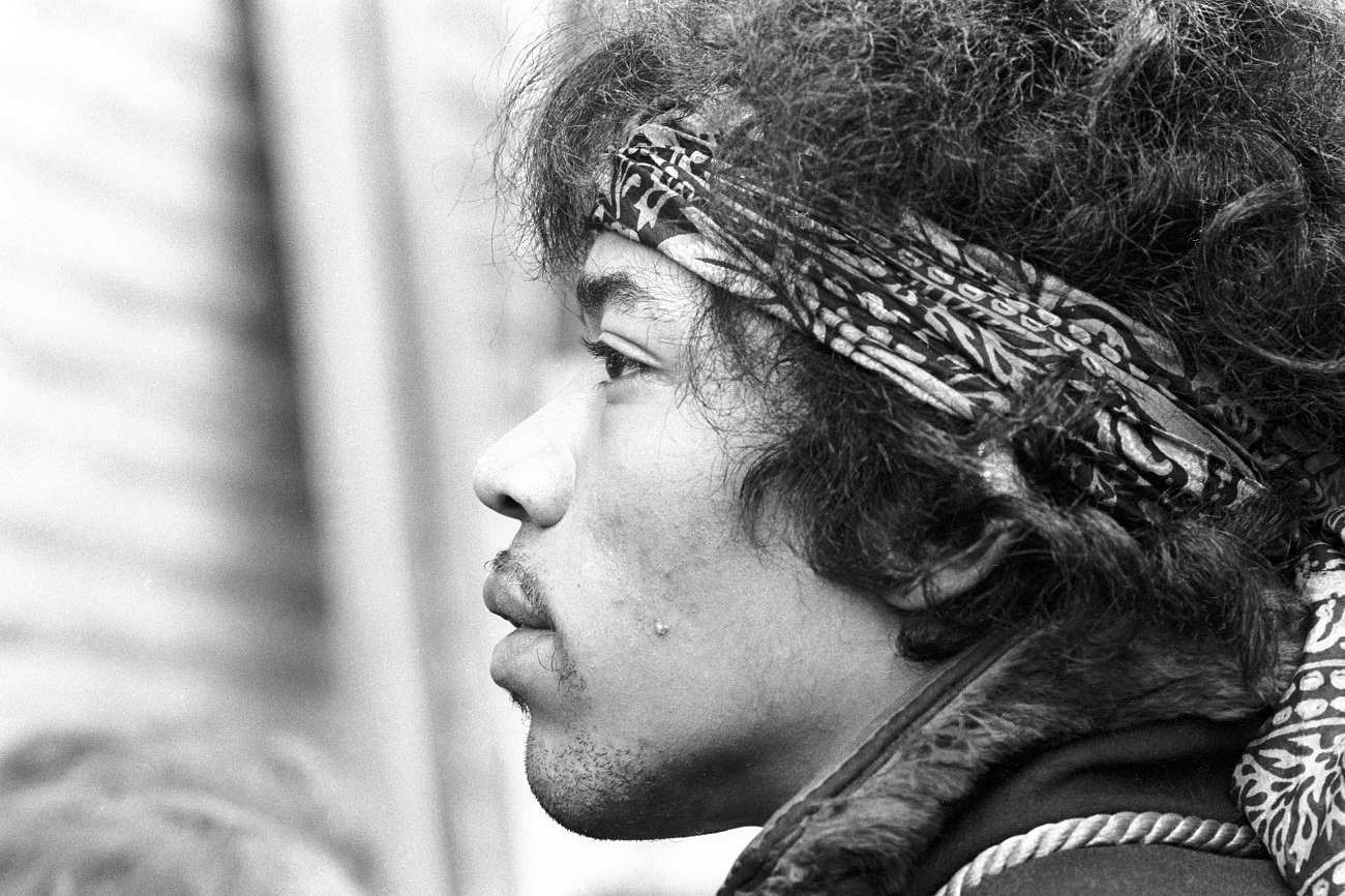 Closeup of Jimi Hendrix in profile at the Monterey Pop Festival, 1967