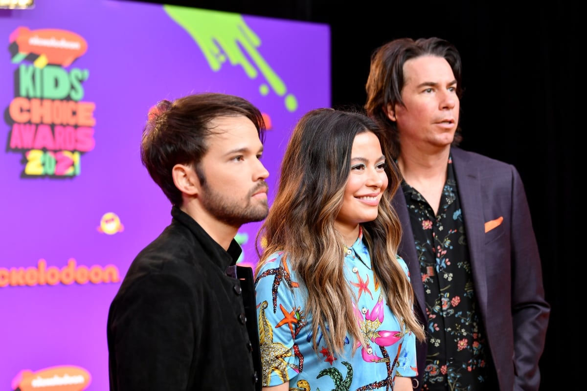 Nathan Kress, Miranda Cosgrove and Jerry Trainor attend Nickelodeon's Kids' Choice Awards at Barker Hangar on March 13, 2021