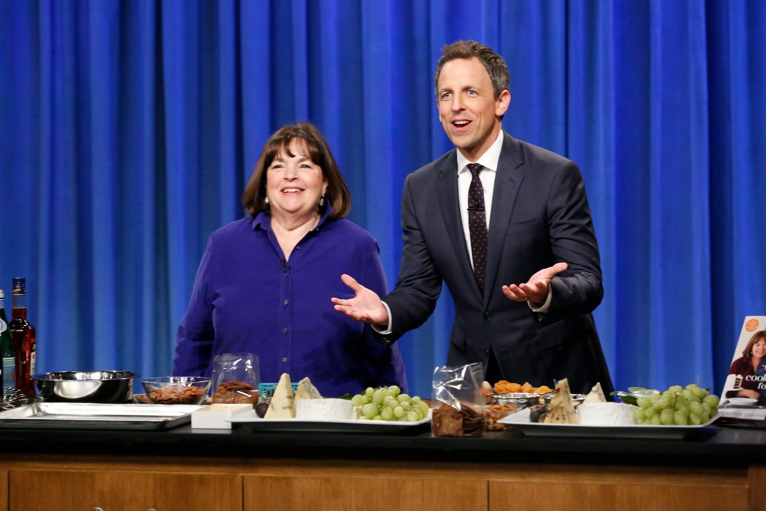 Ina Garten and host Seth Meyers during a cooking segment on October 27, 2016 on Late Night With Seth Meyers
