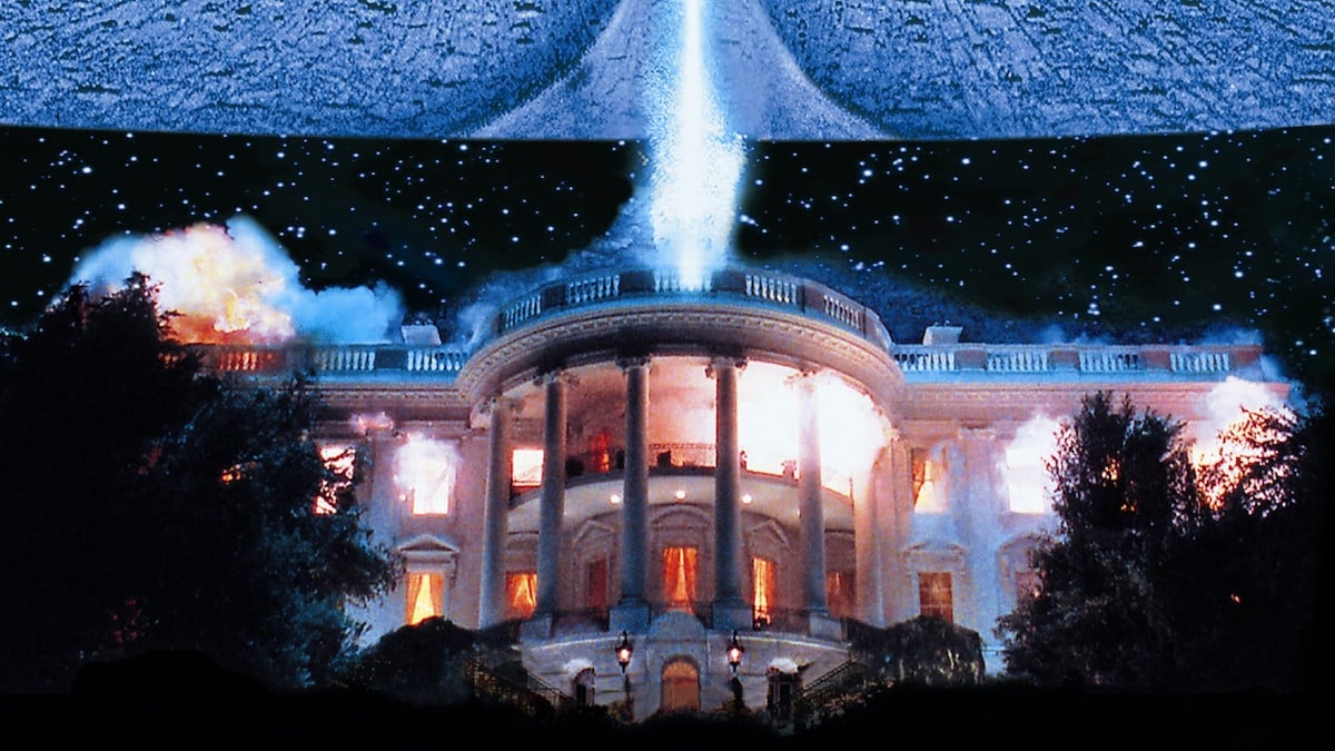 A massive spaceship looms over The White House in a scene from the 1996 movie ‘Independence Day’