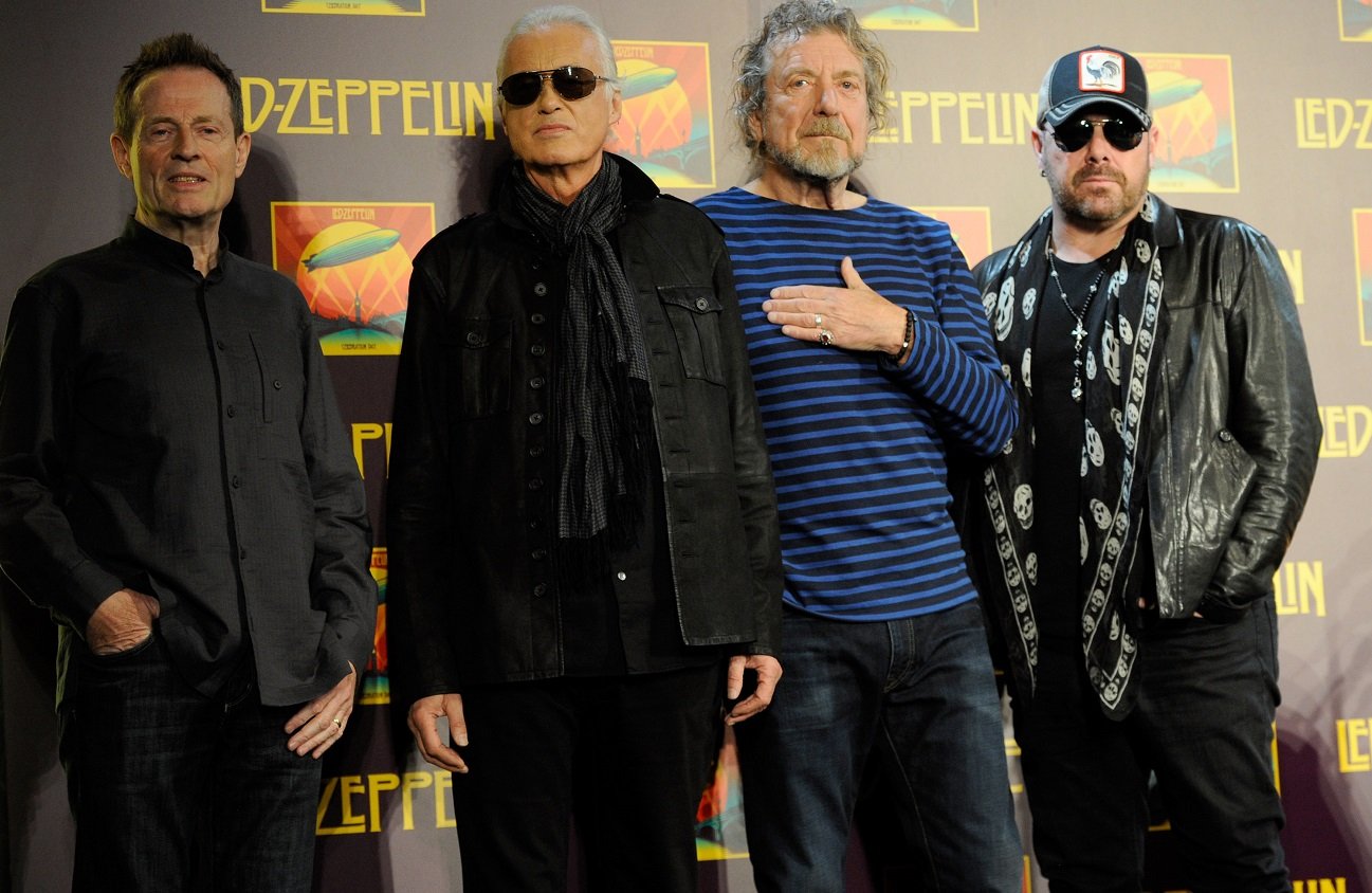 The surviving members of Led Zeppelin and Jason Bonham pose at a 'Celebration Day' press conference in 2012.