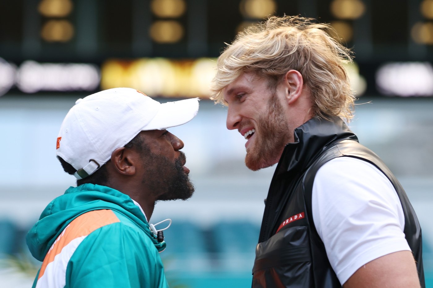 Floyd Mayweather and Logan Paul face off on May 6, 2021 prior to their match at Hard Rock Stadium