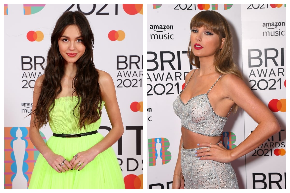 composite image of Olivia Rodrigo and Taylor Swift at the BRIT Awards