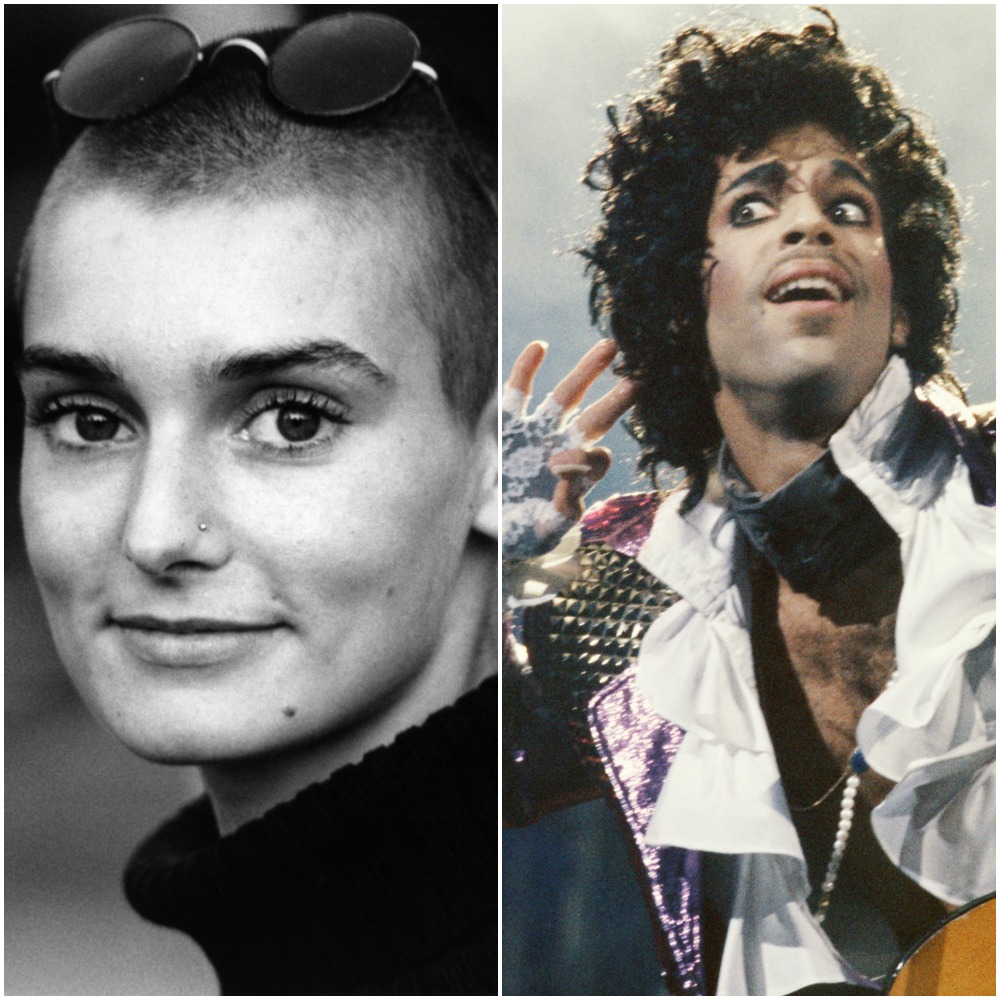 Left to right: portrait of singer Sinéad O'Connor in 1990; musician Prince holds his hand to his ear during a concert performance, 1985