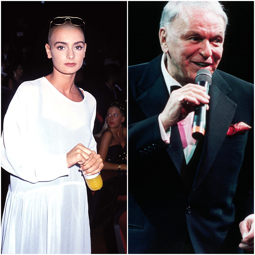 Sinéad O'Connor, left, wears a long-sleeved white dress with sunglasses perched on her head and an orange beverage in her hands; Frank Sinatra sings at his 75th birthday concert