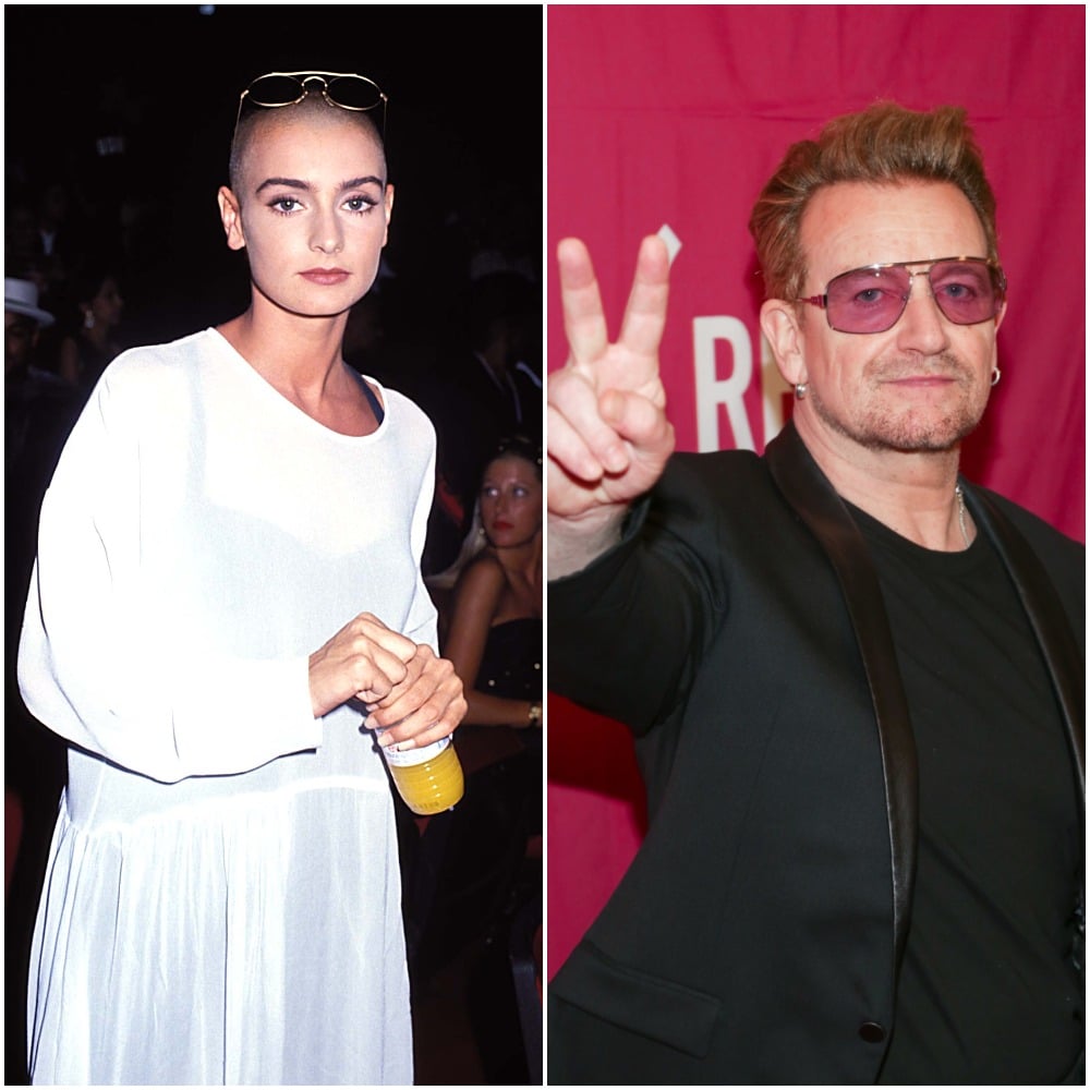 Left to right: Sinéad O'Connor at the MTV Video Music Awards, 1990 and U2 singer Bono at Carnegie Hall in New York City, 2015