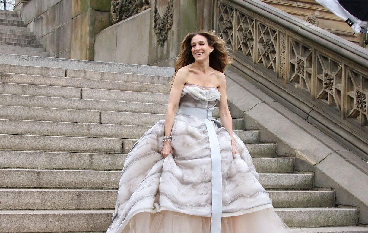 Actress Sarah Jessica Parker on location for Annie Leibowitz's Vogue "Sex and the city" photo shoot in Central Park