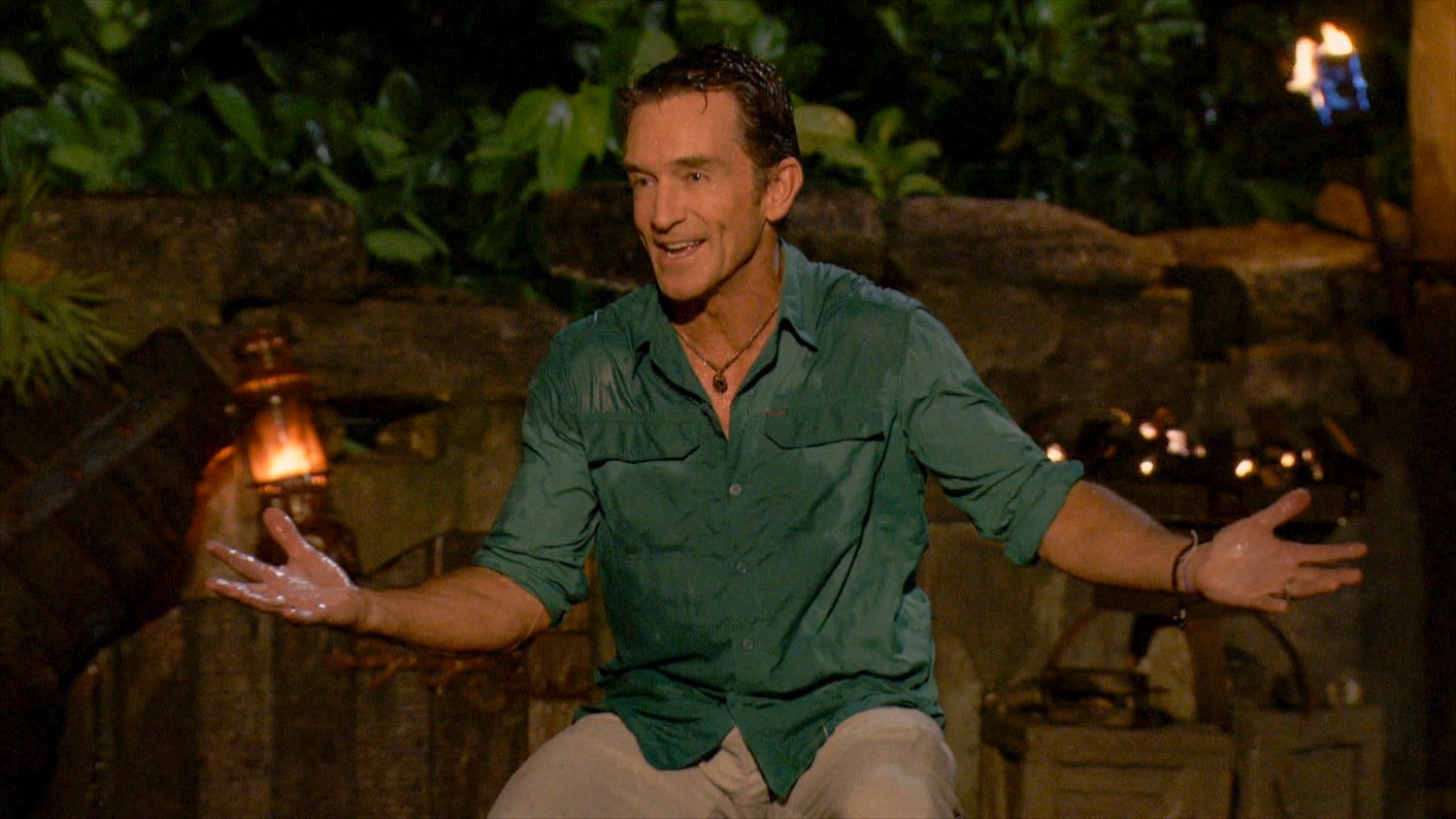Jeff Probst at Tribal Council on the three-hour season finale episode of SURVIVOR: WINNERS AT WAR, airing Wednesday, May 13th (8:00-11:00 PM, ET/PT) on the CBS Television Network. Image is a screen grab.