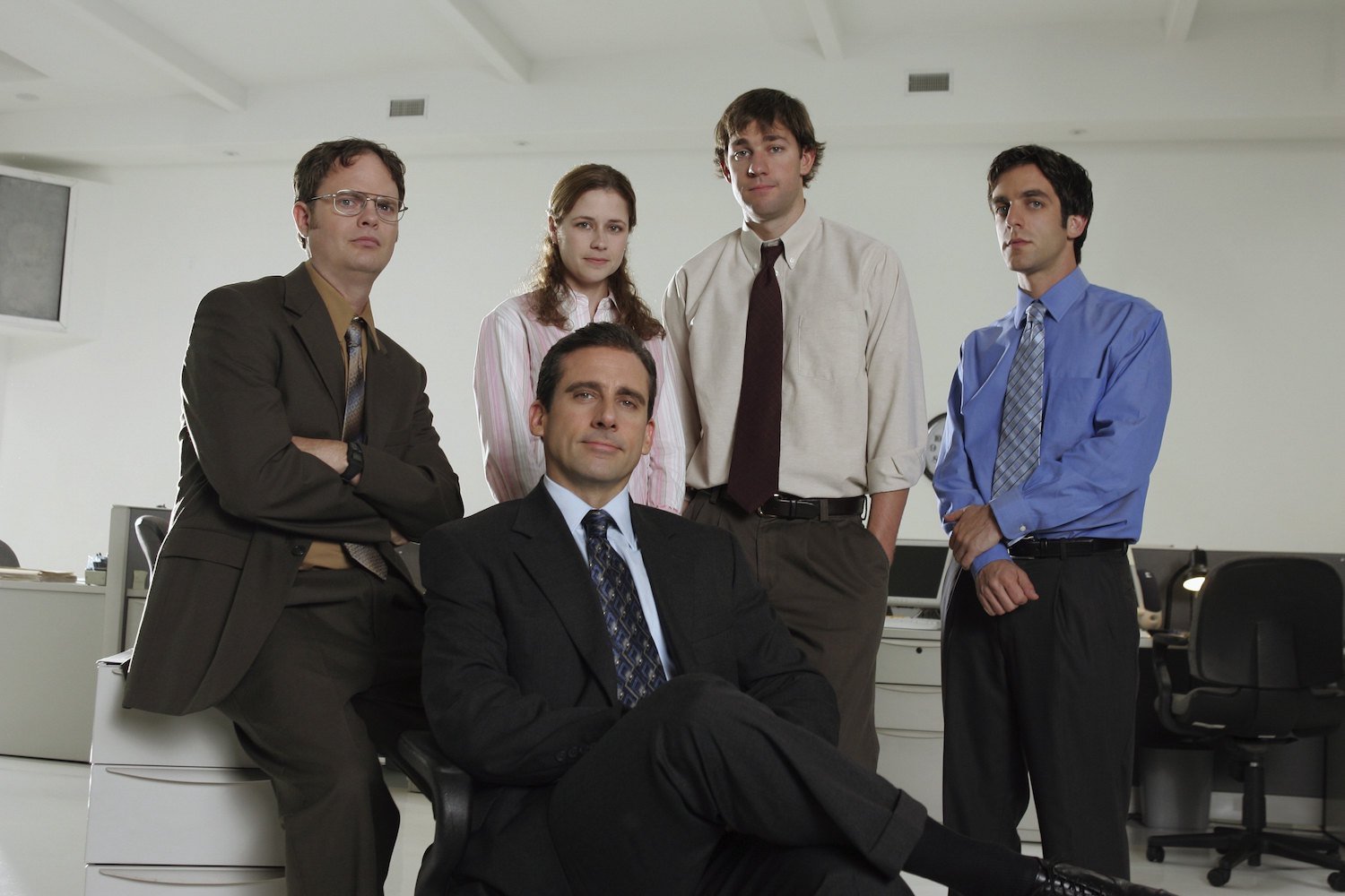 The Office: Rainn Wilson as Dwight Schrute, Jenna Fischer as Pam Beesly, Steve Carell as Michael Scott, John Krasinski as Jim Halpert, and B.J. Novak as Ryan Howard