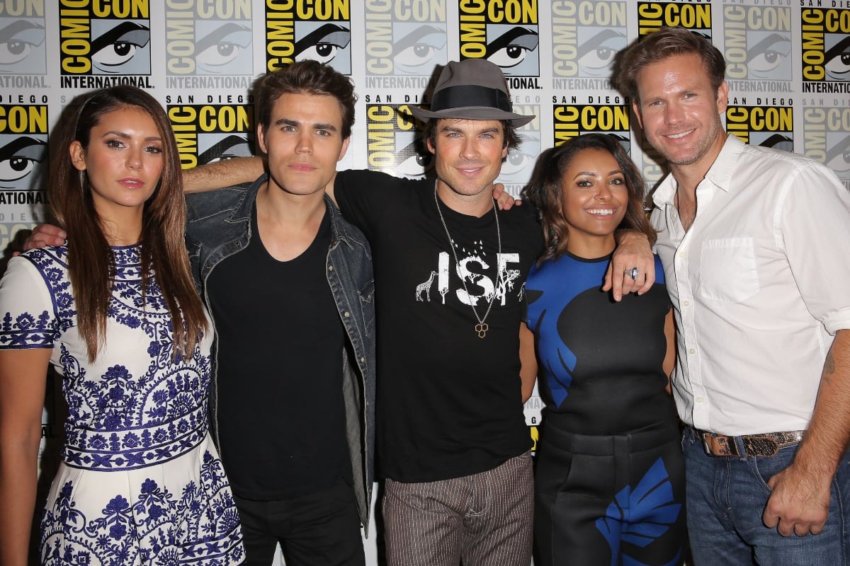 Nina Dobrev, Paul Wesley, Ian Somerhalder, Kat Graham and Matthew Davis attend ‘The Vampire Diaries’ press room at Comic-Con, 2014