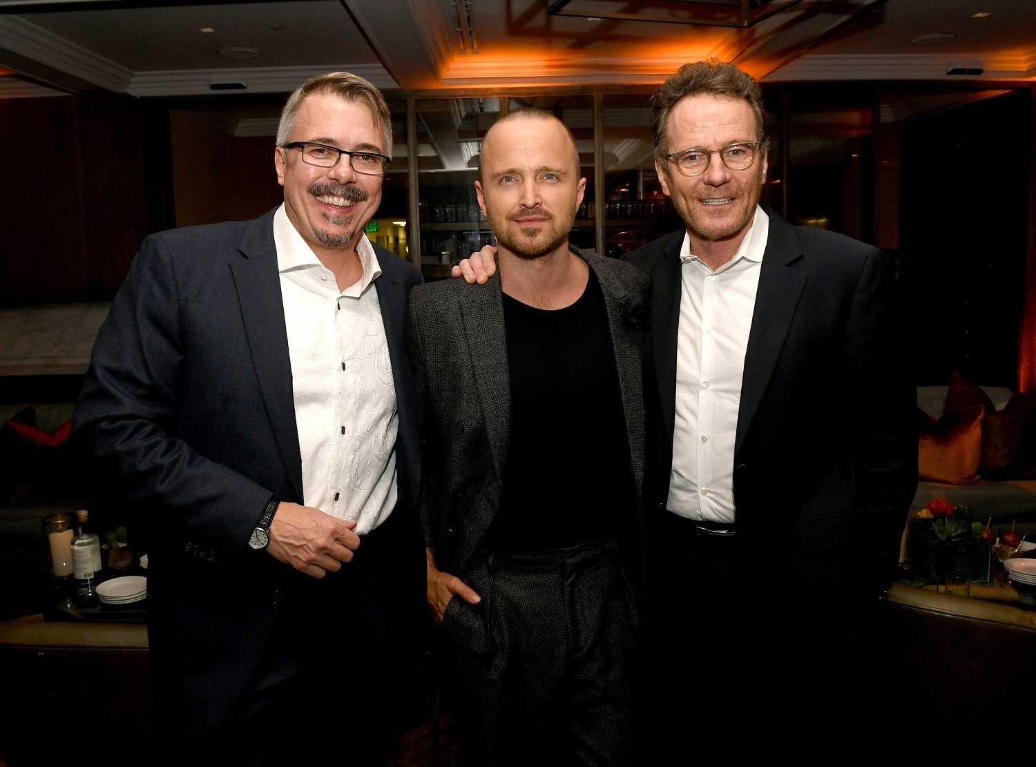 Vince Gilligan, Aaron Paul, and Bryan Cranston pose at the after party for the premiere of El Camino: A Breaking Bad Movie