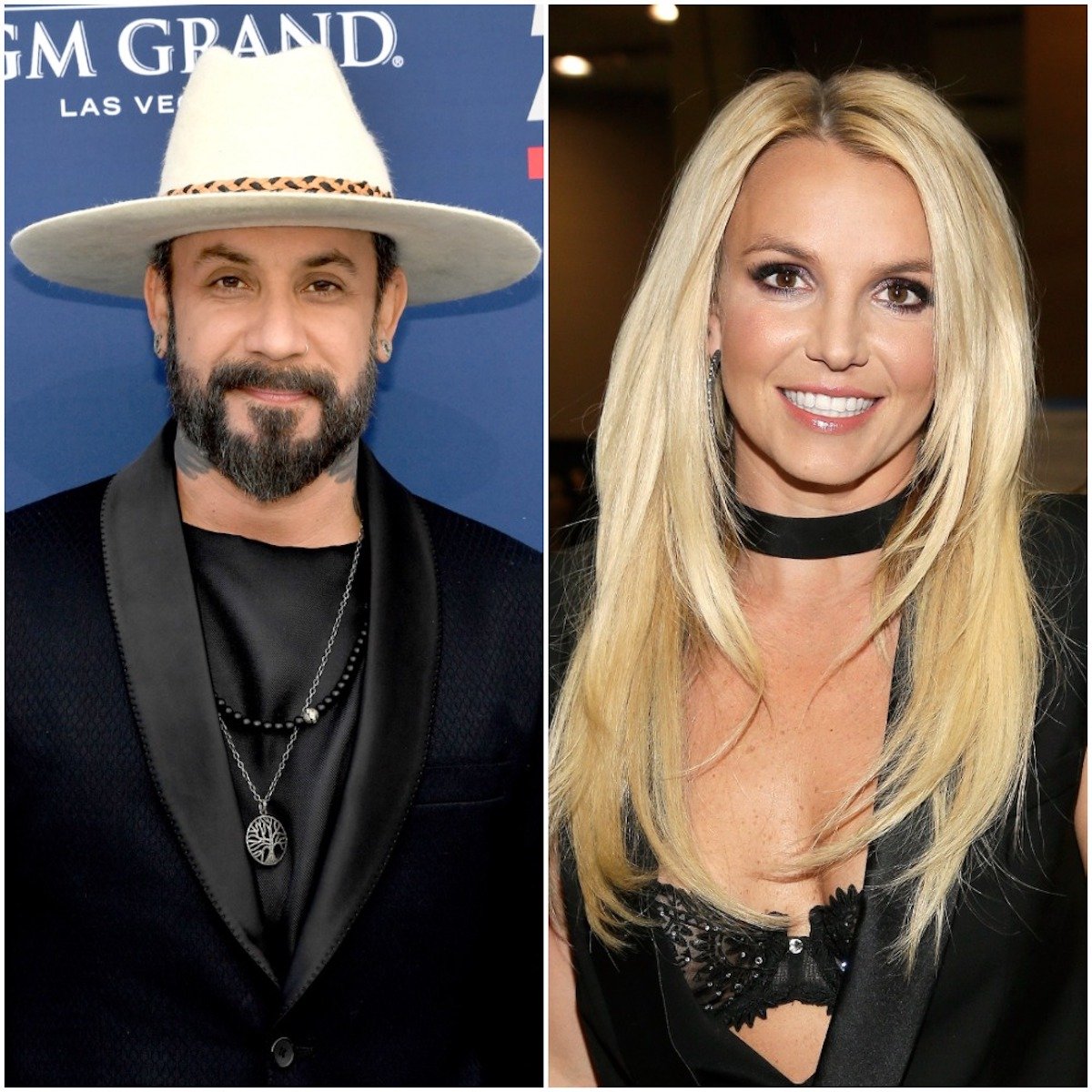 AJ McLean poses for cameras at the 2019 Academy of Country Music Awards; Britney Spears smiles at the 2013 iHeart Radio Music Festival