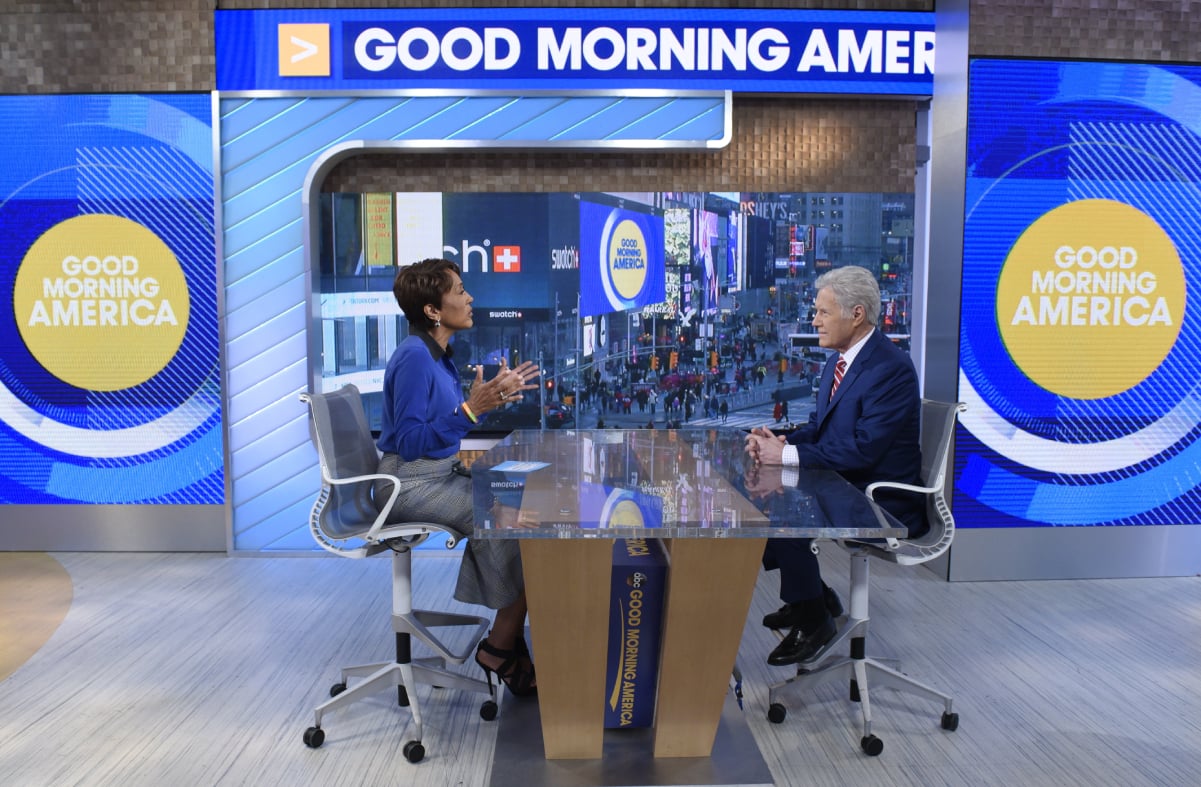 (Left to right): Robin Roberts and Alex Trebek chat on the set of 'Good Morning America'