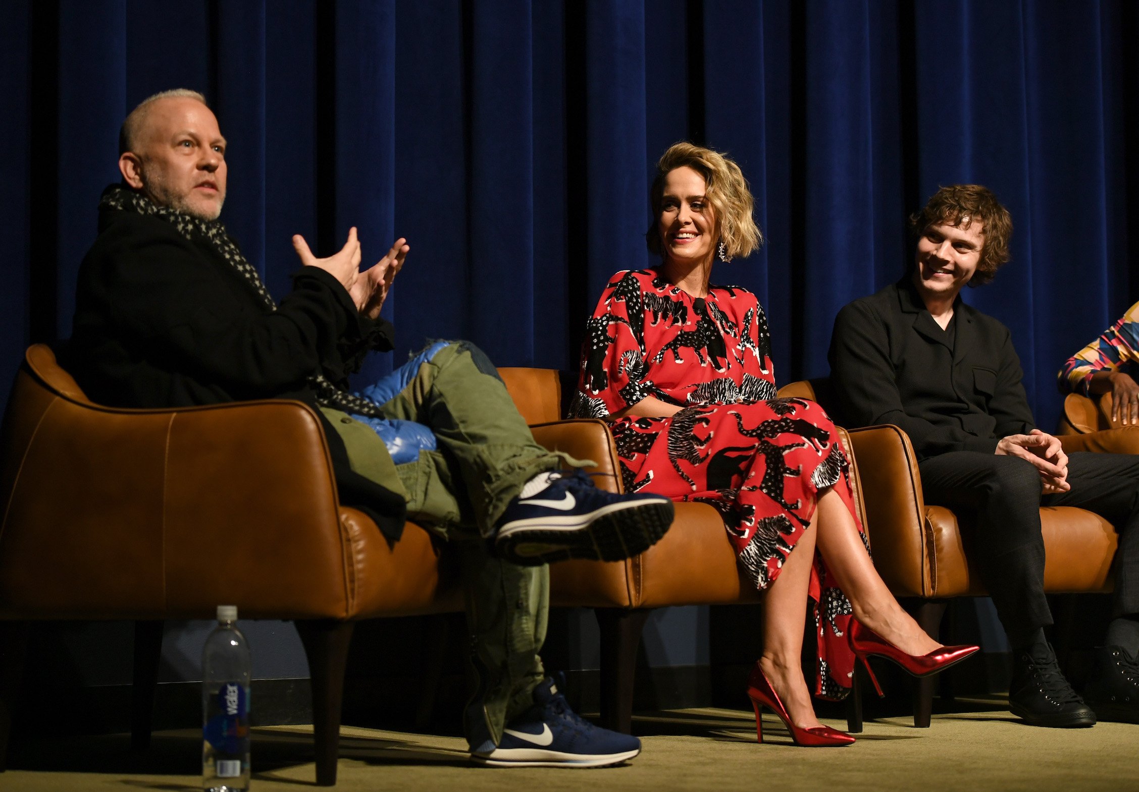 Ryan Murphy, Sarah Paulson, and Evan Peters from 'American Horror Story' Season 10 talking about the show on stage