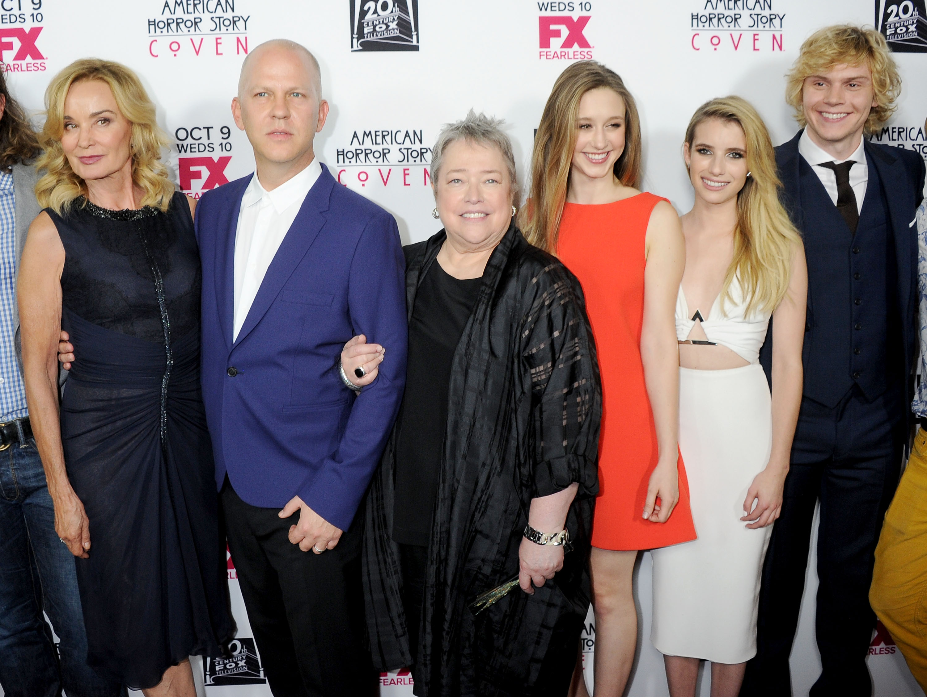 Actors Jessica Lange, Ryan Murphy, Kathy Bates, Taissa Farmiga, Emma Roberts, and Evan Peters of FX's 'American Horror Story: Coven'