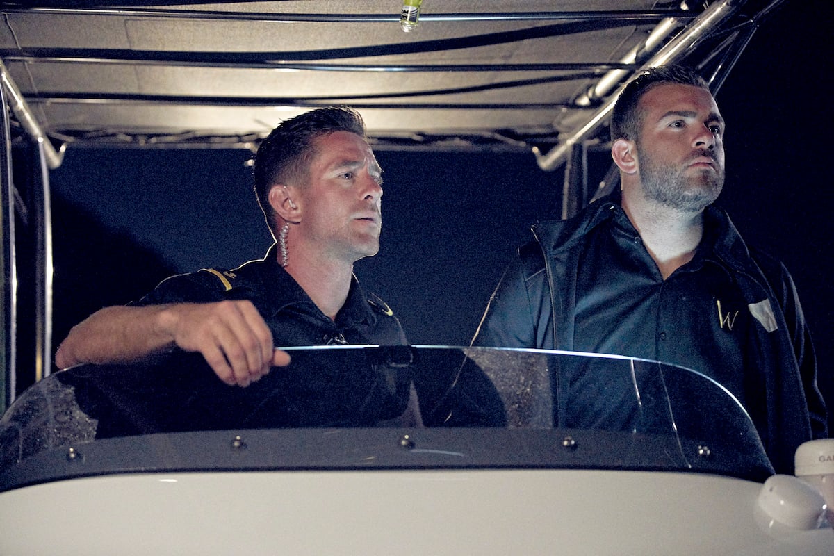 Pete Hunziker, Alex Radcliffe on a Below Deck Mediterranean tender during season 5