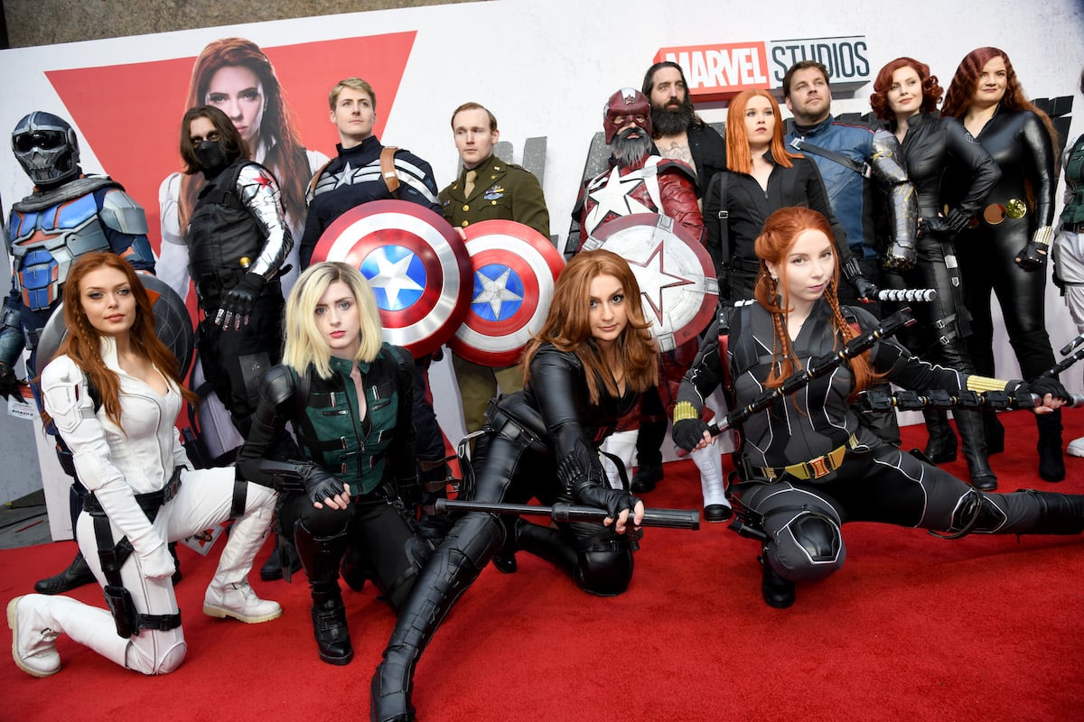 Cosplayers pose as various Marvel characters at the ‘Black Widow’ world premiere fan event