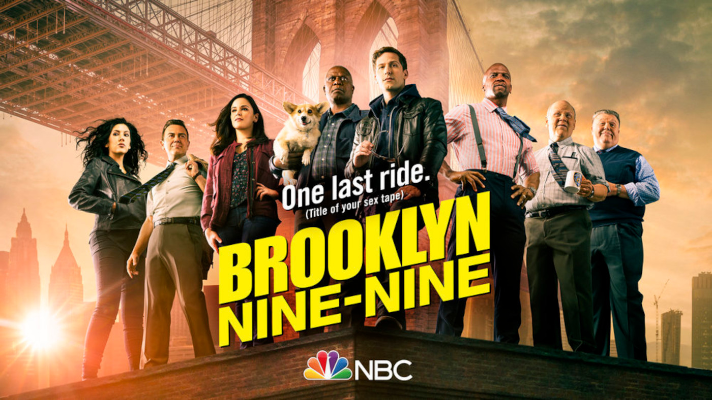 Brooklyn Nine-Nine Season 8 key art sees the main cast standing in front of the Brooklyn Bridge with text that says 'One Last Ride (Title of Your Sex Tape' on it