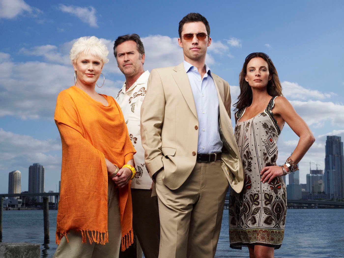 'Burn Notice' cast in Season 2: Sharon Gless as Madeline Westen, Bruce Campbell as Sam Axe, Jeffrey Donovan as Michael Westen, and Gabrielle Anwar as Fiona Glenanne