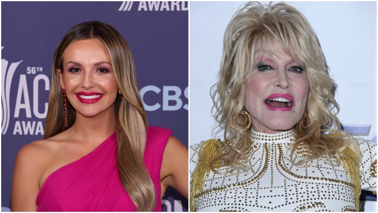 Carly Pearce on the red carpet in a pink dress. Dolly Parton on the red carpet in a white and gold ensemble.