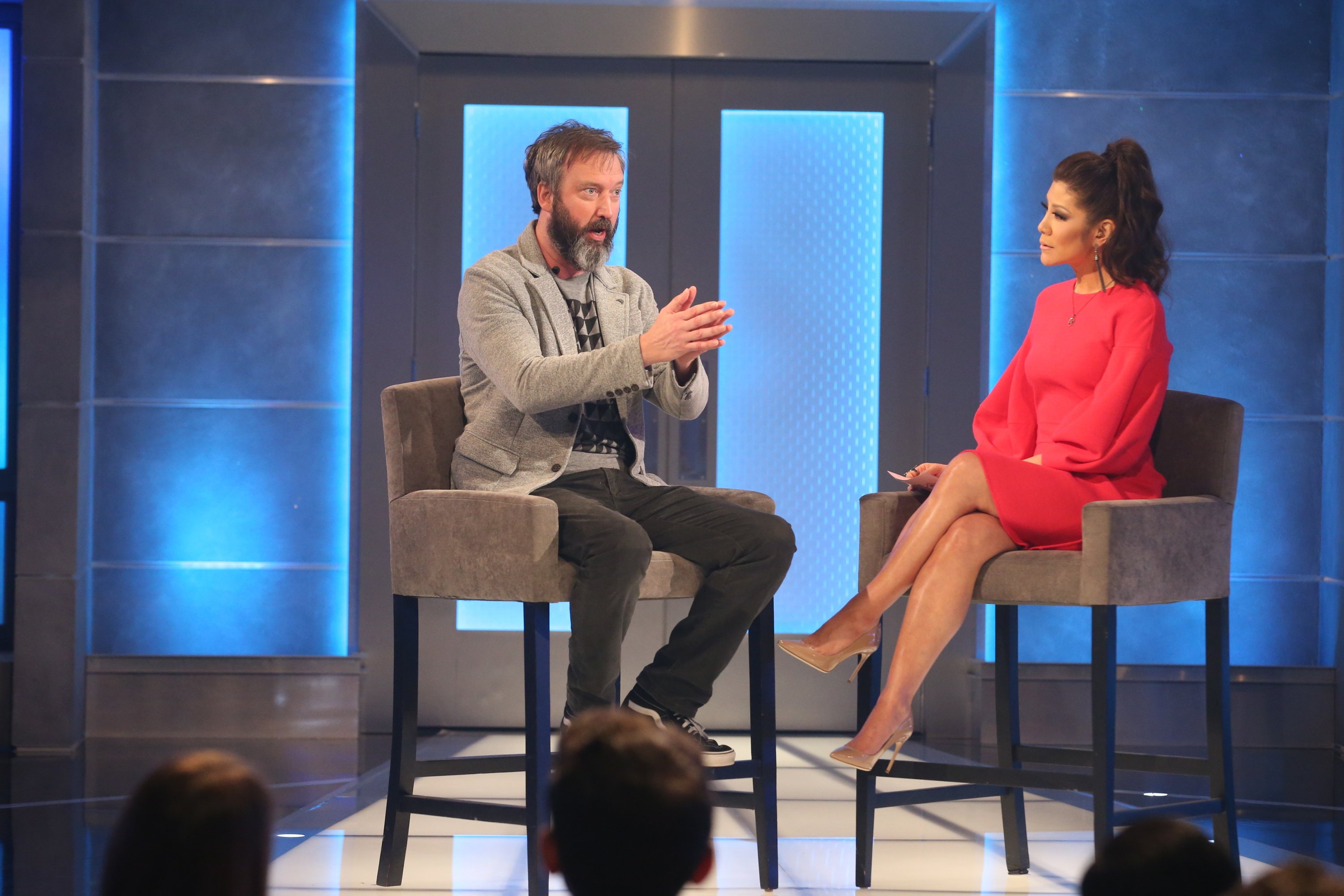 Host Julie Chen Moonves talks to Tom Green on the stage of 'Celebrity Big Brother'
