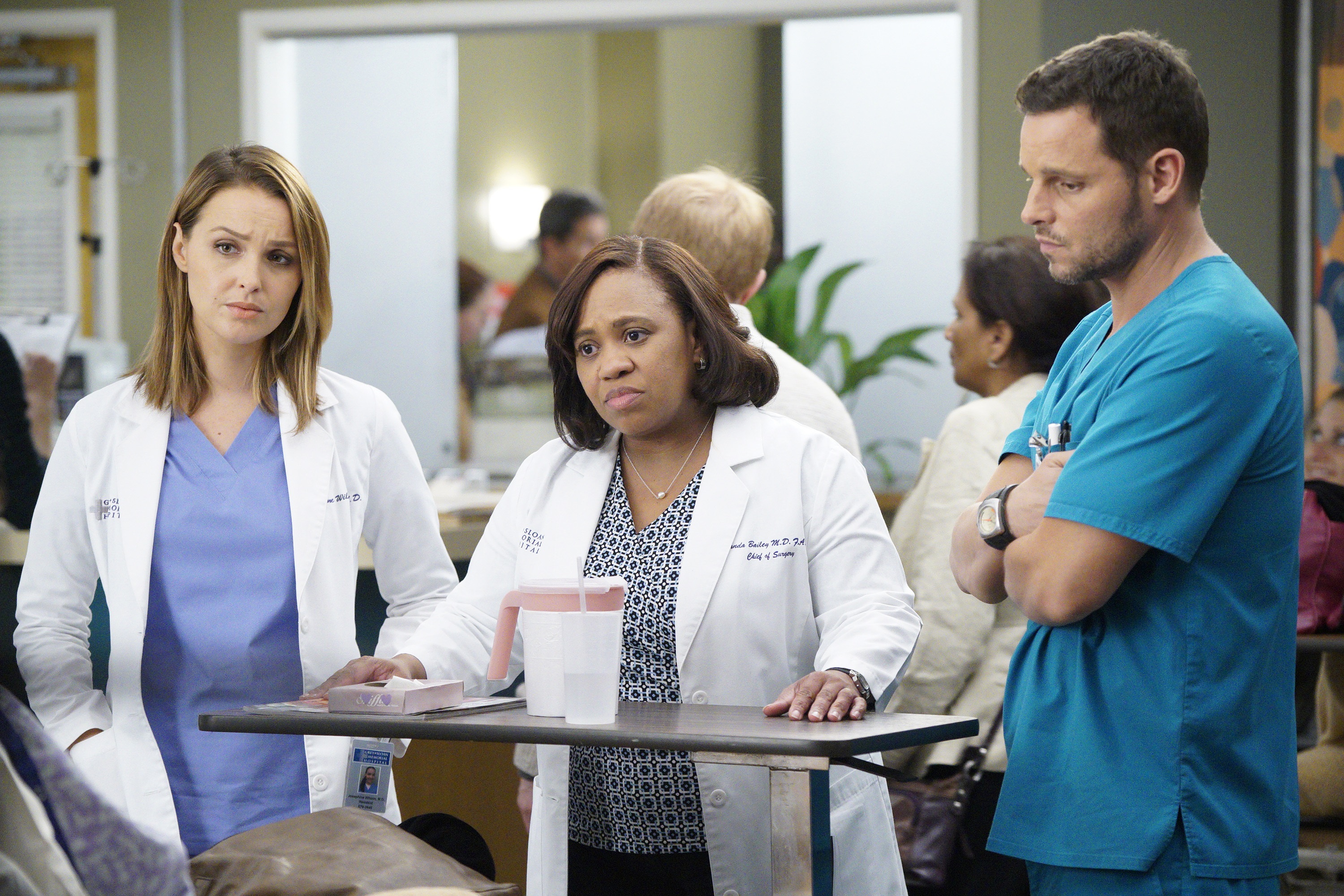 Camilla Luddington as Jo, Chandra Wilson as Miranda and Justin Chambers as Alex in Grey's Anatomy