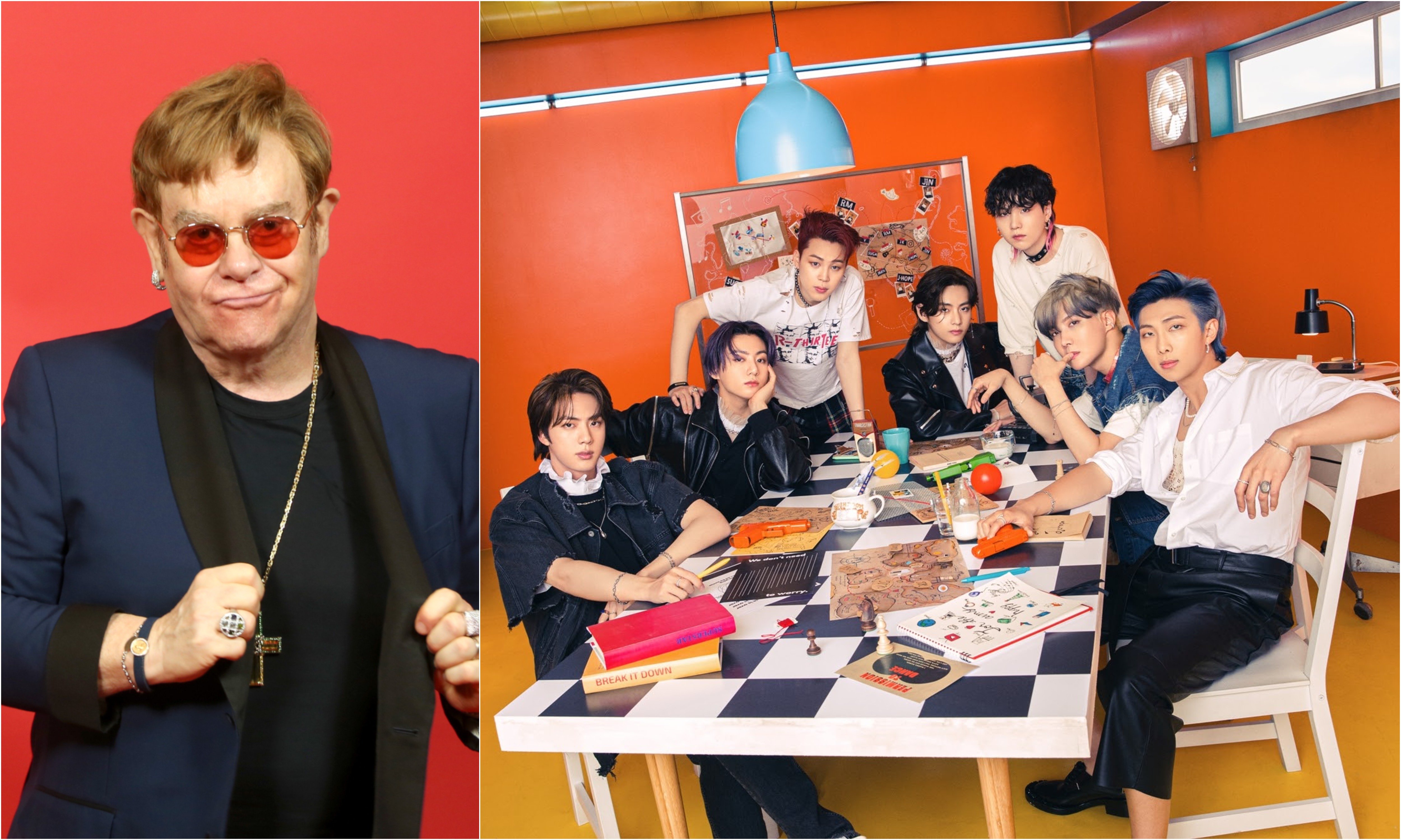 A joined photo of Elton John and Jin, Jungkook, Jimin, V, Suga, J-Hope, and RM of BTS