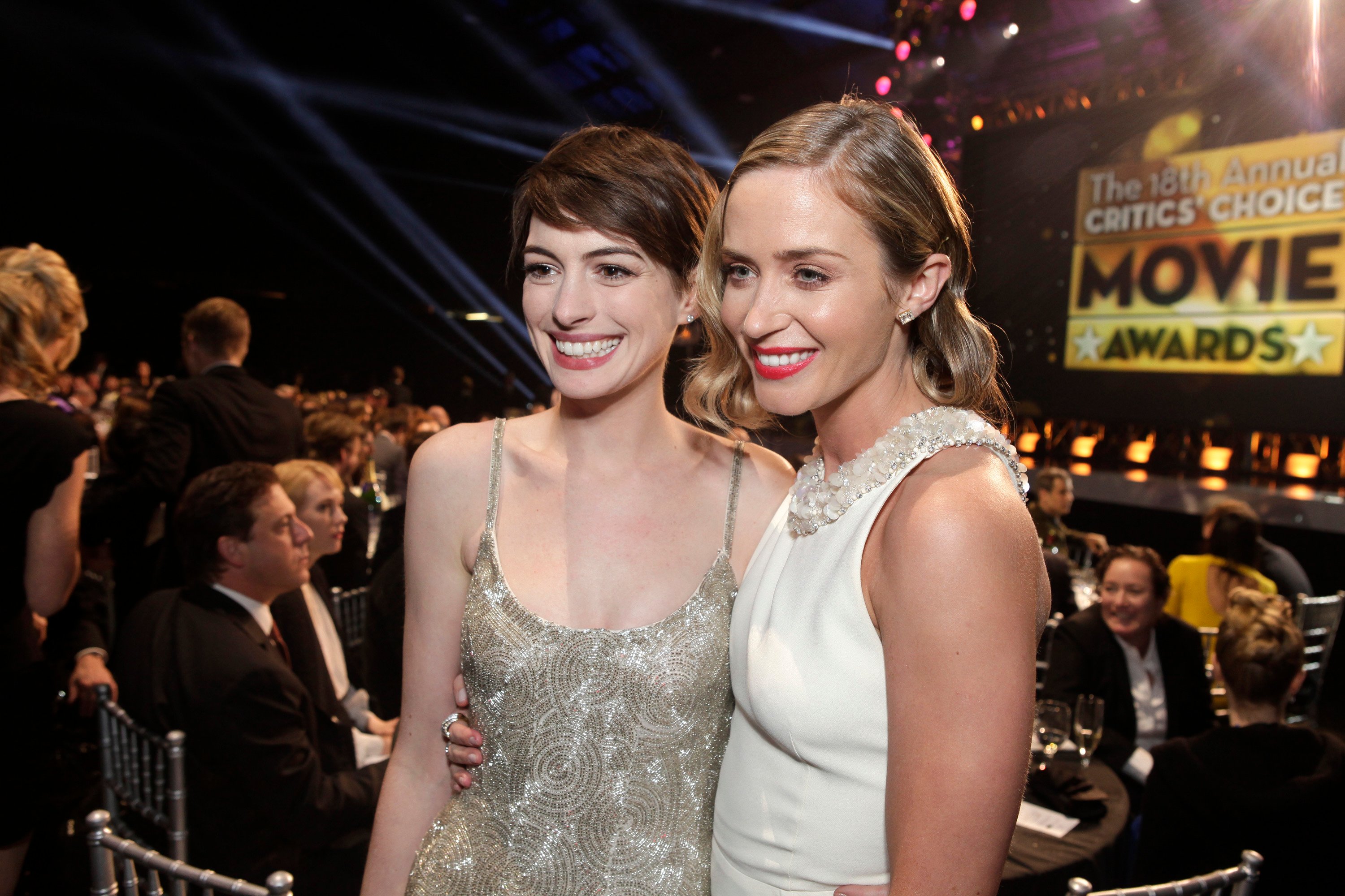 Anne Hathaway and Emily Blunt attend the Critics' Choice Movie Awards, posing for a picture together