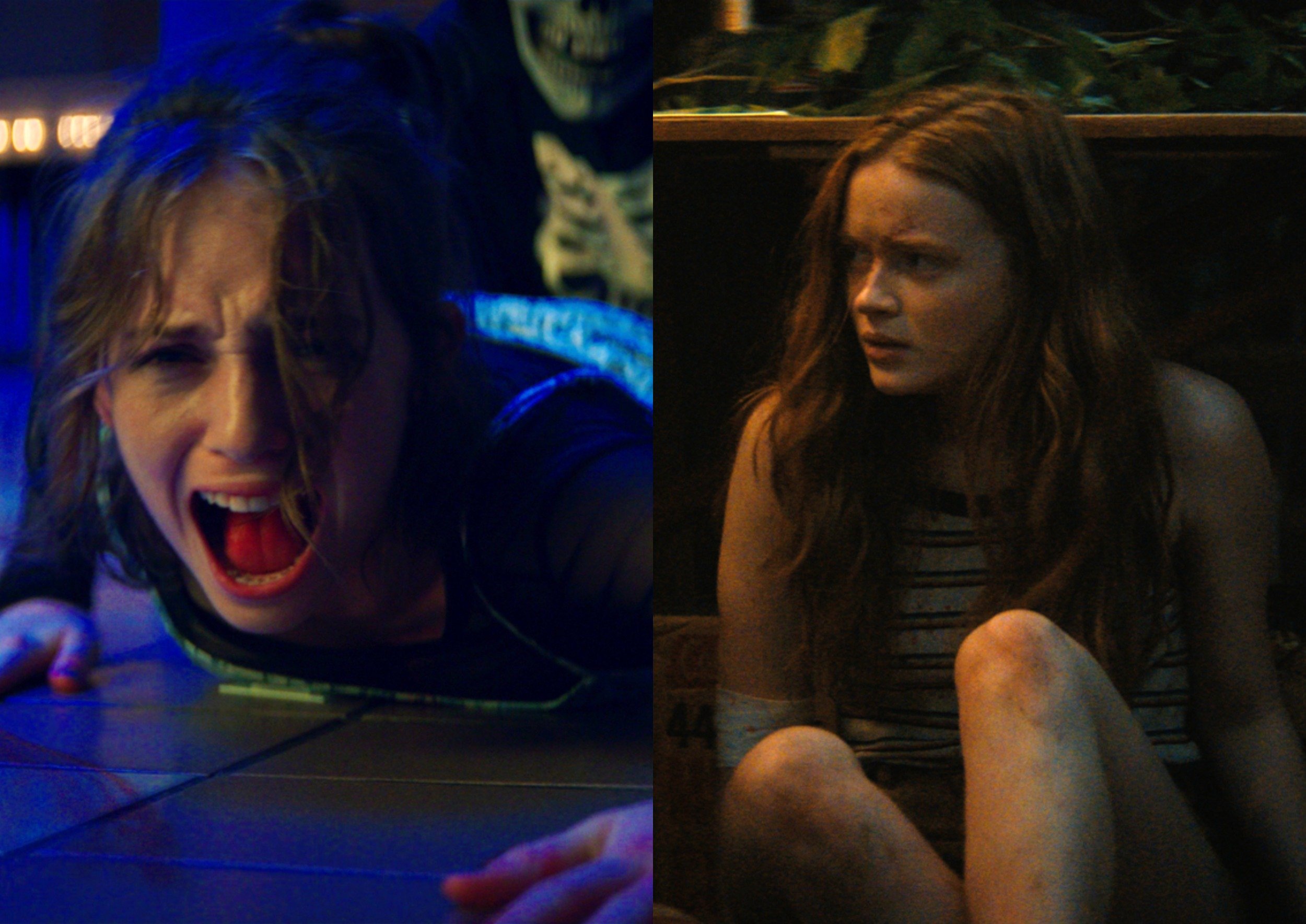 (L-R): Maya Hawke screaming in 'Fear Street Part 1' and Sadie Sink looking concerned in 'Fear Street Part 2'