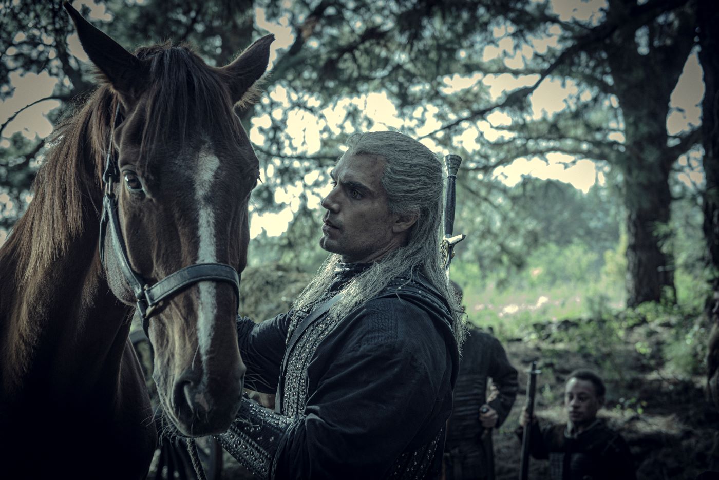 A picture of Geralt from The Witcher and his horse Roach in a wooded area.