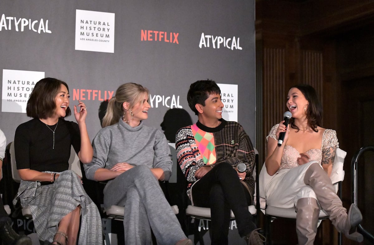 (L-R) Amy Okuda, Jenna Boyd, Nik Dodani, and Fivel Stewart speak onstage during Netflix "Atypical" Season 3 special screening at Natural History Museum on October 28, 2019 in Los Angeles, California.