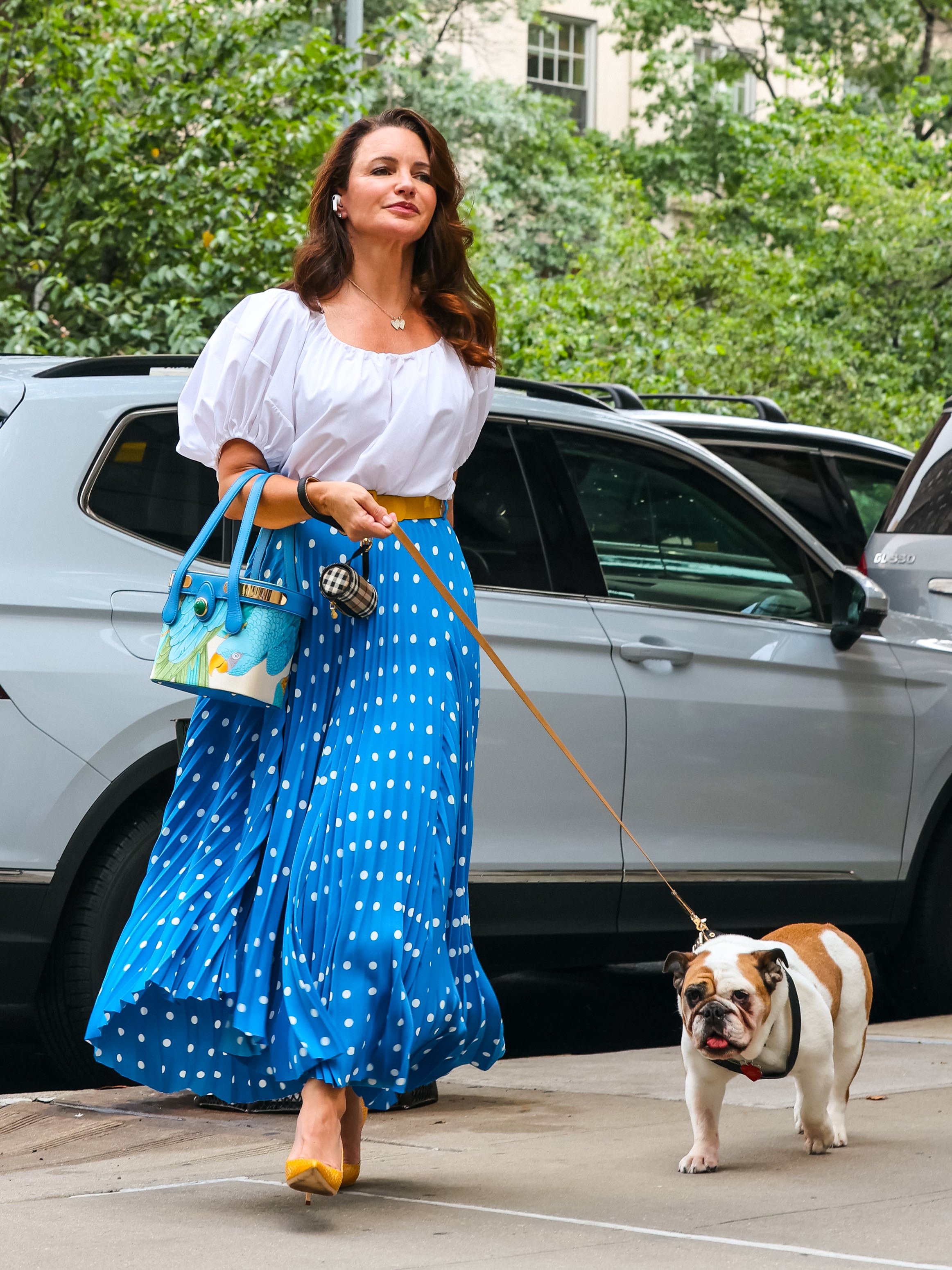 Kristin Davis on the set of 'And Just Like That...' with a new, unnamed dog,