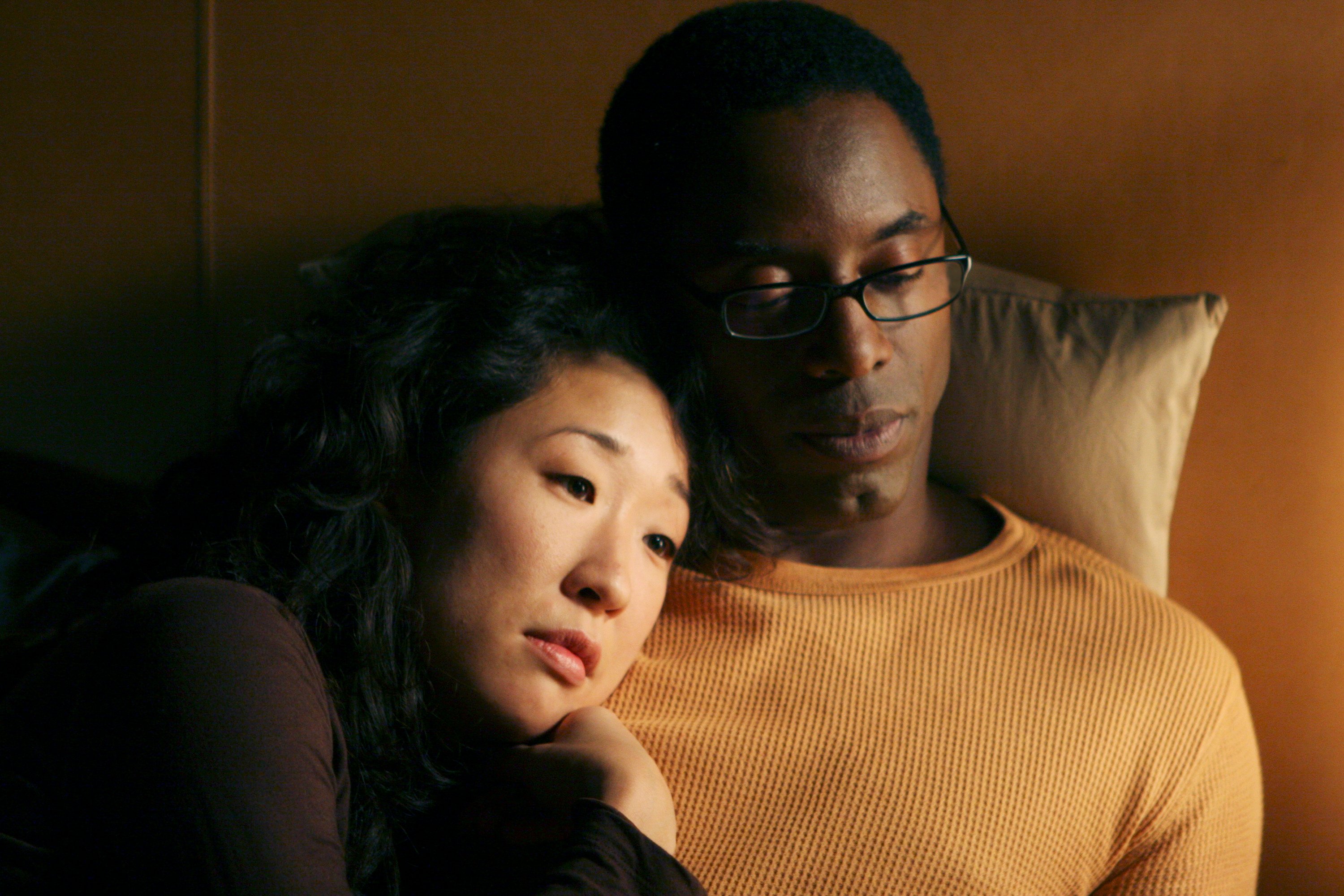 Sandra Oh and Isaiah Washington filming an episode of 'Grey's Anatomy' as Cristina Yang and Preston Burke.