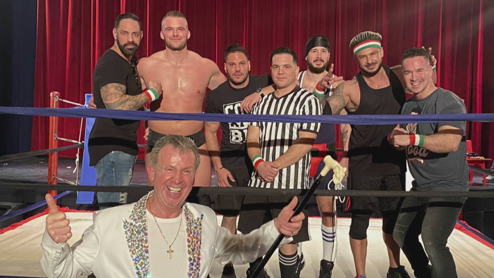 Chris Larangeira, Zack '24' Carpinello, Ronnie Ortiz-Magro, Chris Buckner, Vinny Guadagnino, DJ Pauly D, and Uncle Nino in 'Guido Mania' on 'Jersey Shore: Family Vacation'