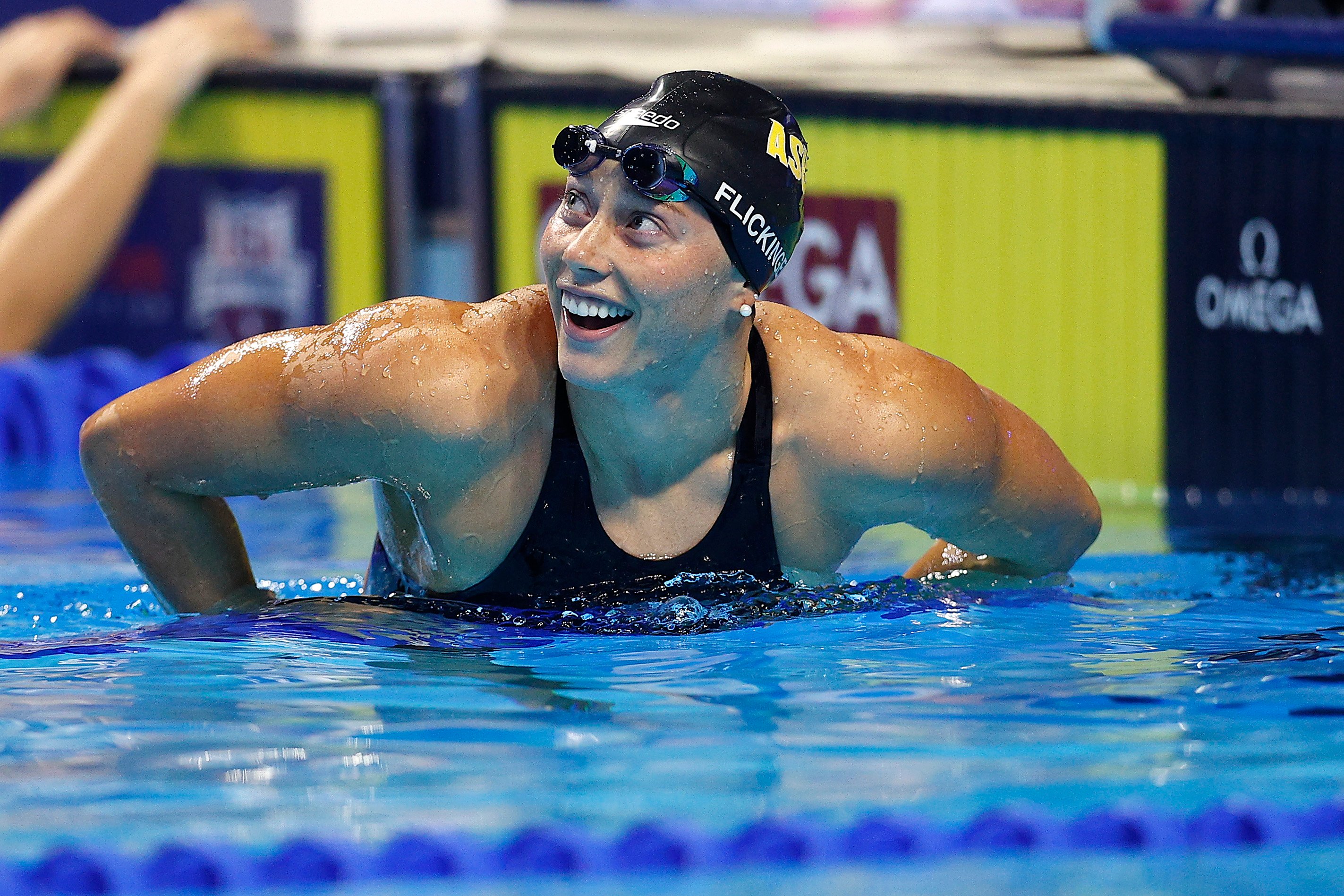 Hali Flickinger smiles after competing in the U.S. Olympic Team Swimming Trials