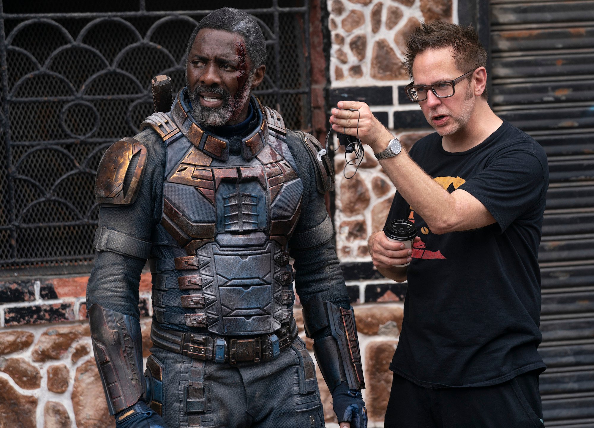 James Gunn directs Idris Elba on the set