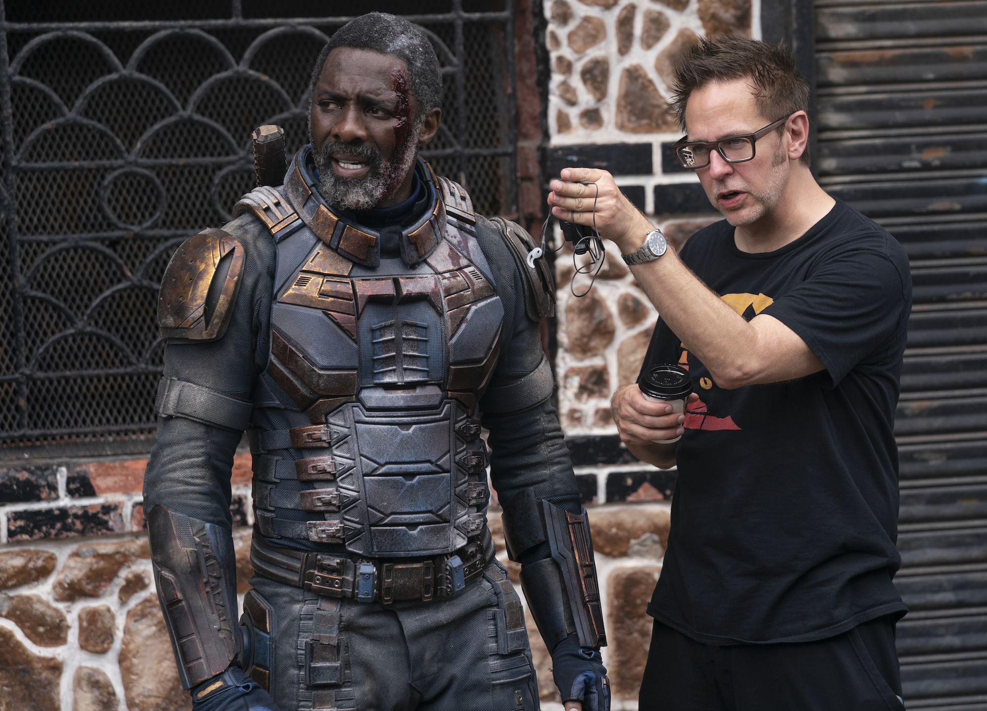 James Gunn directs Idris Elba on the set