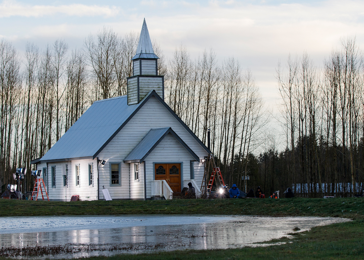 View of Hope Valley's church during filming for 'When Calls the Heart' on the Jamestown movie set in Canada