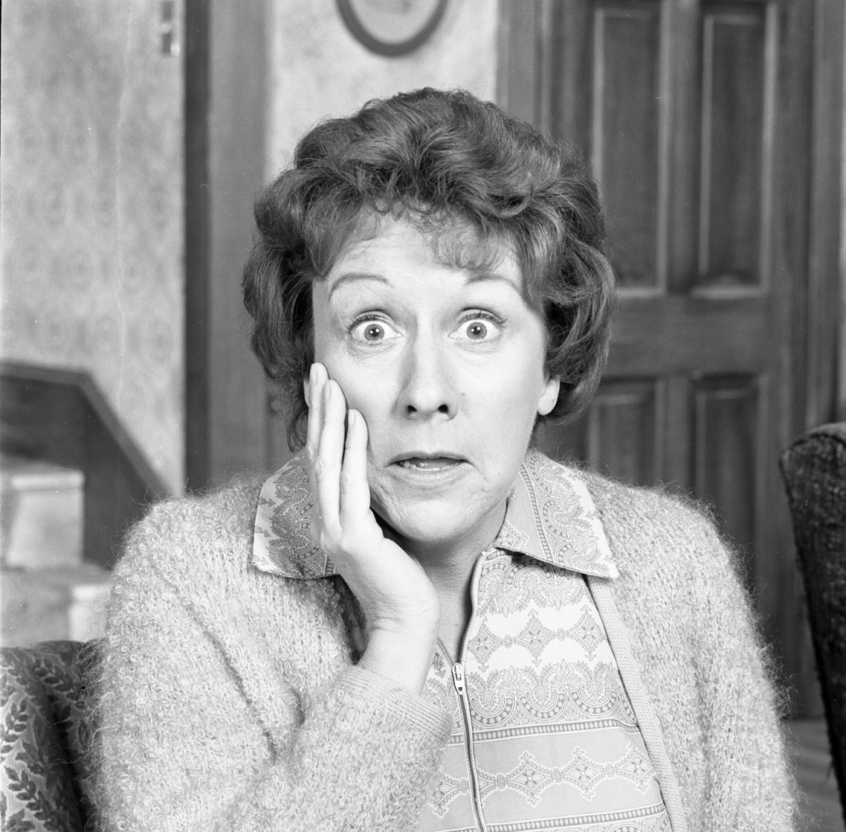 Actor Jean Stapleton strikes a surprised pose, hand on cheek, for a photo as 'All in the Family's Edith Bunker