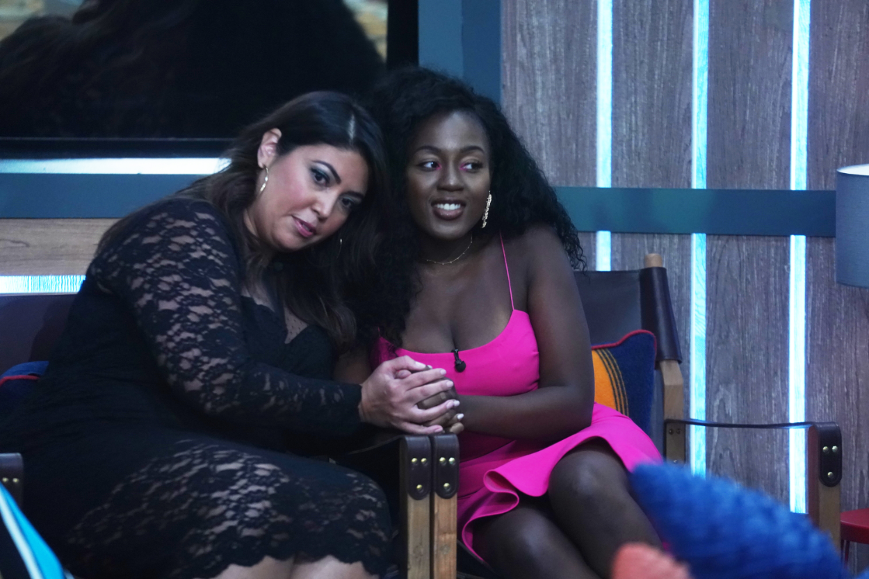 Jessica Milagros and Kemi Faknule waiting for the live eviction on the second Live Eviction show on Big Brother