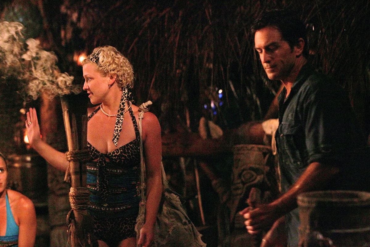 Jessica "Sugar" Kiper and Jeff Probst looks away at a tribal council on 'Survivor'
