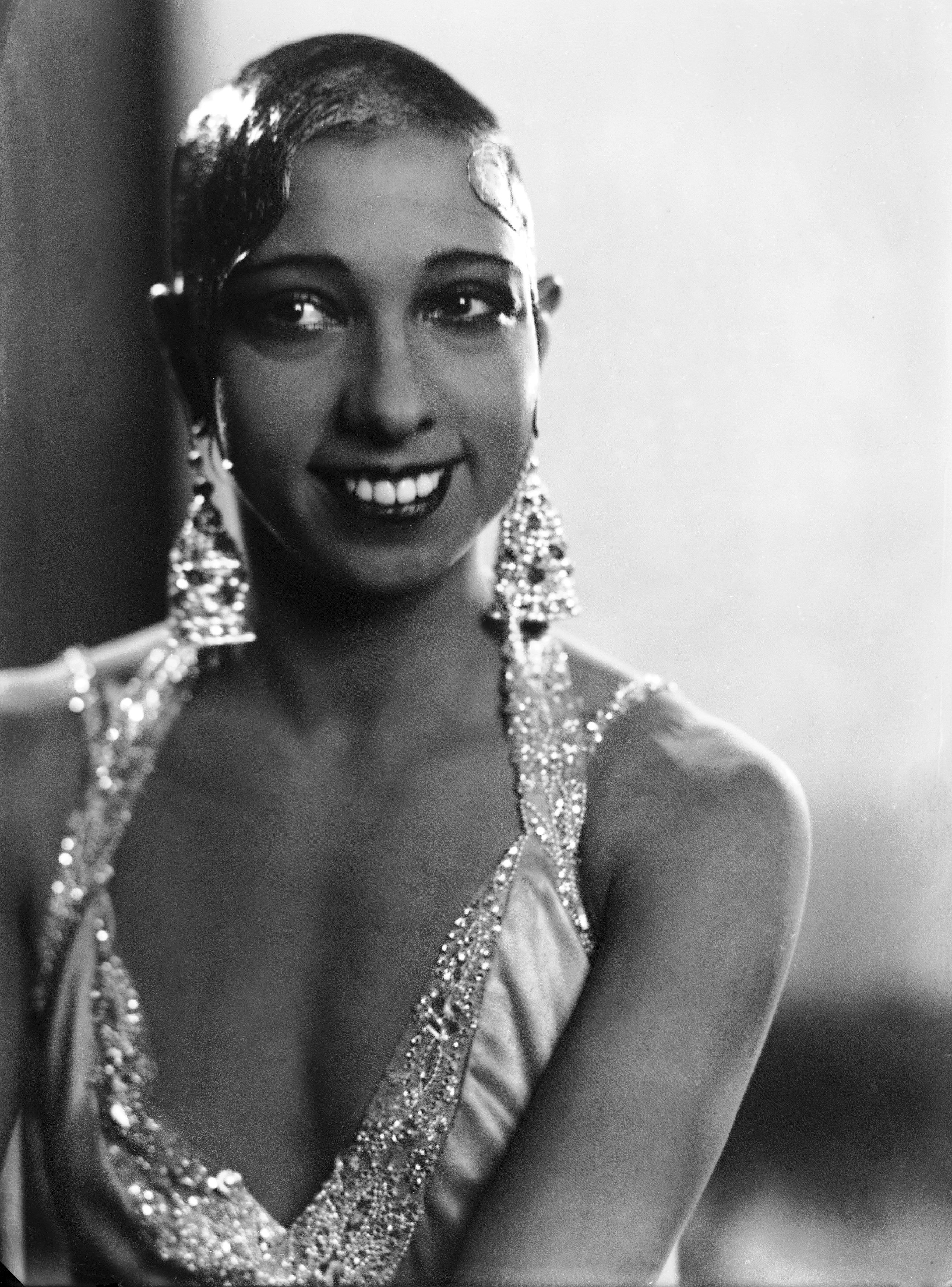 A black-and-white photo of French entertainer Josephine Baker.