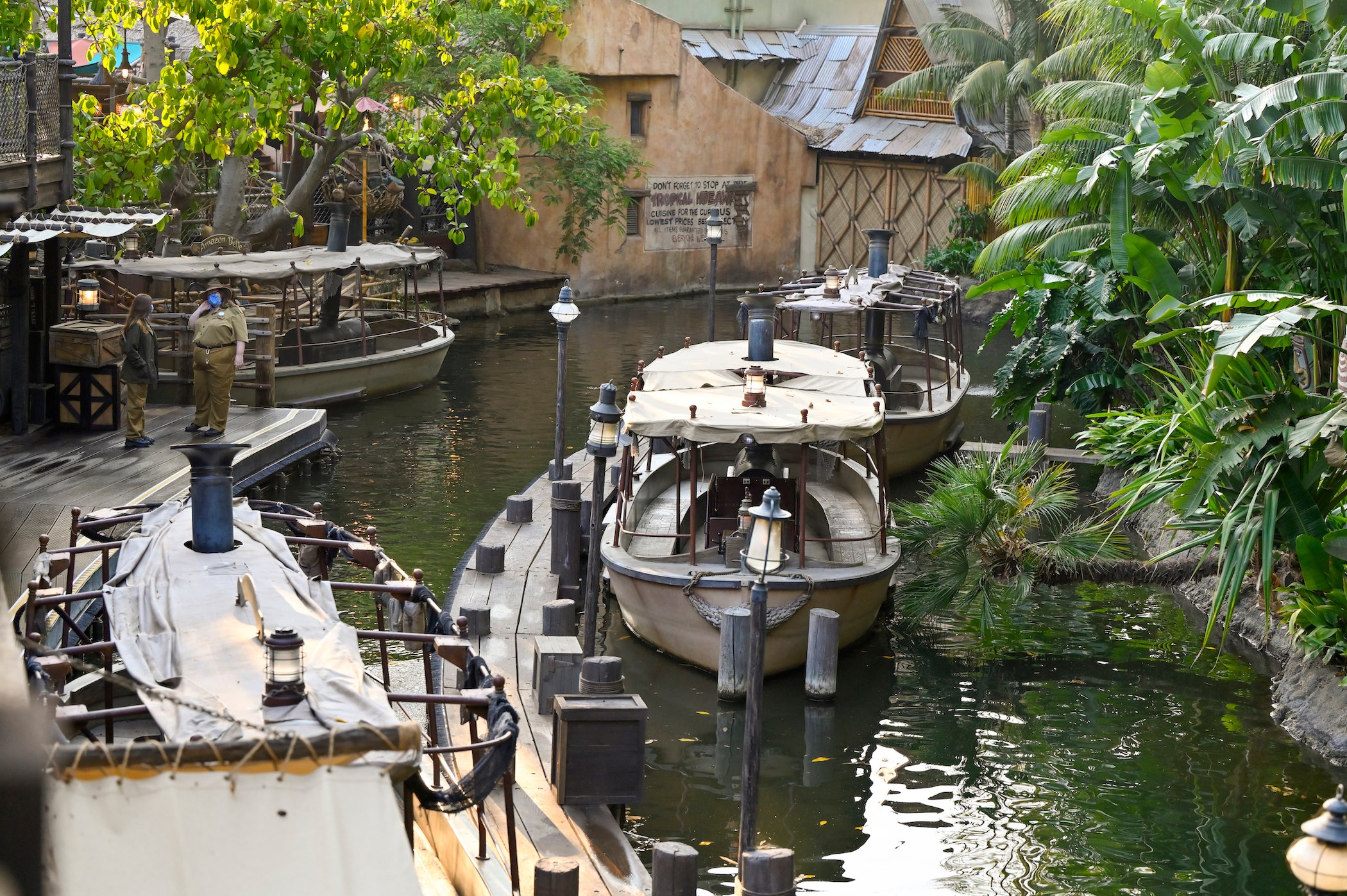 Jungle Cruise in Adventureland inside Disneyland in Anaheim, CA, with the picture featuring a boat along the river