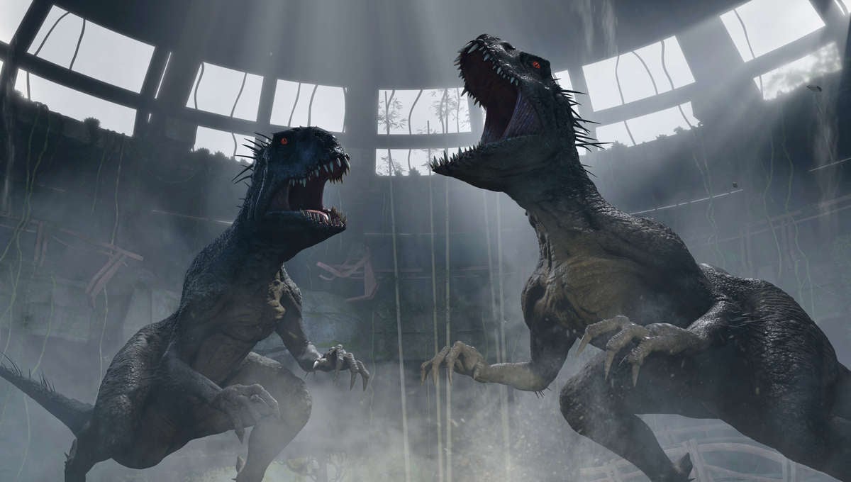 Two dinosaurs roar amid wreckage in a scene from ‘Jurassic World: Camp Cretaceous’