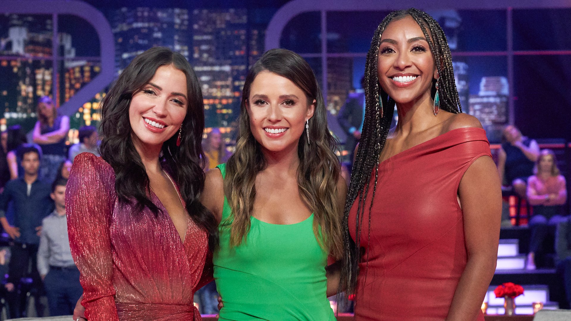 Kaitlyn Bristowe, Katie Thurston, and Tayshia Adams pose together for ‘The Bachelorette’ Season 17 ‘Men Tell All’ in 2021