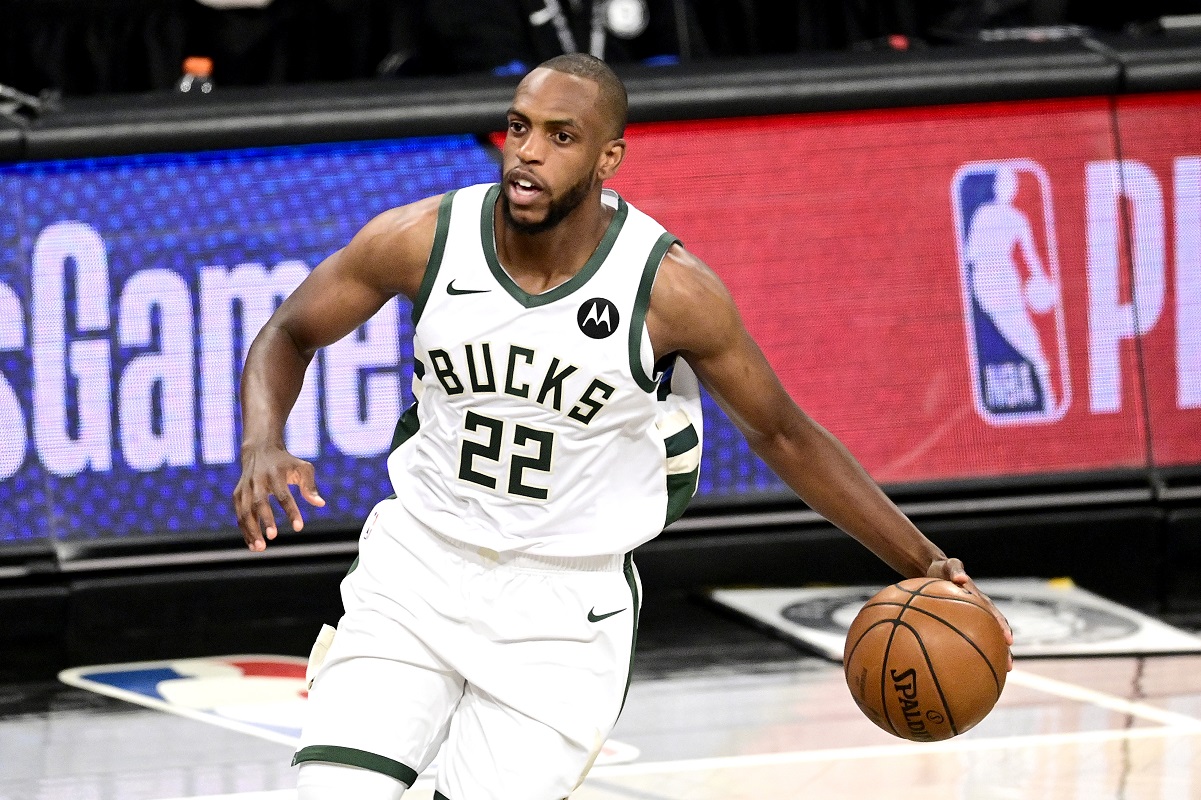 Khris Middleton of the Milwaukee Bucks handling the ball during a game against the Brooklyn Nets