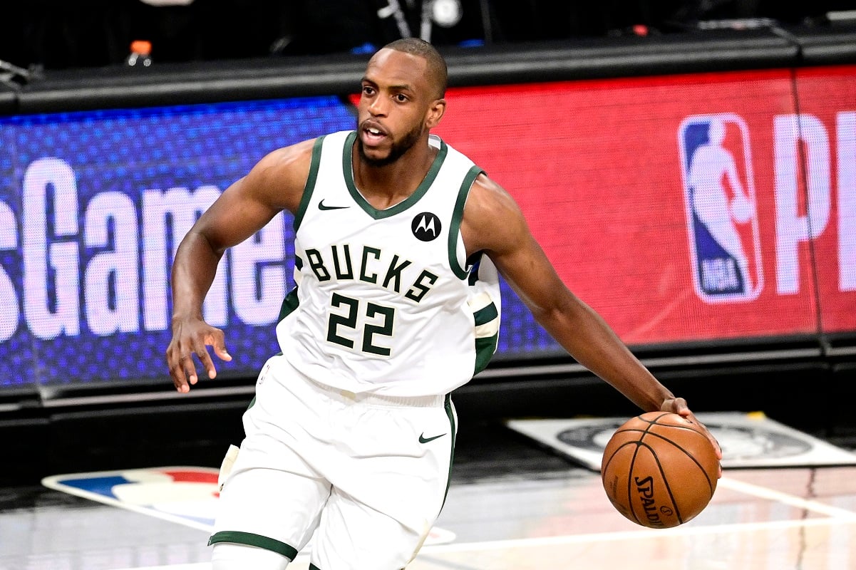 Khris Middleton of the Milwaukee Bucks handling the ball during a game against the Brooklyn Nets
