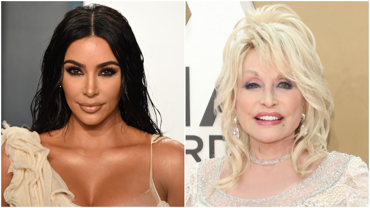 Kim Kardashian attends the 2020 Vanity Fair Oscar Party hosted by Radhika Jones at Wallis Annenberg Center for the Performing Arts on February 09, 2020 in Beverly Hills, California | Dolly Parton attends the 53rd annual CMA Awards at Bridgestone Arena on November 13, 2019 in Nashville, Tennessee