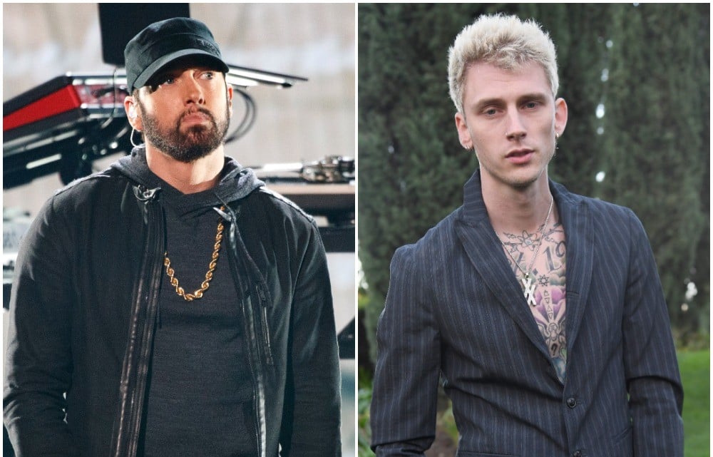 (L): Eminem on stage at The 92nd Annual Academy Awards, (R): Machine Gun poses for photo at Roc Nation THE BRUNCH